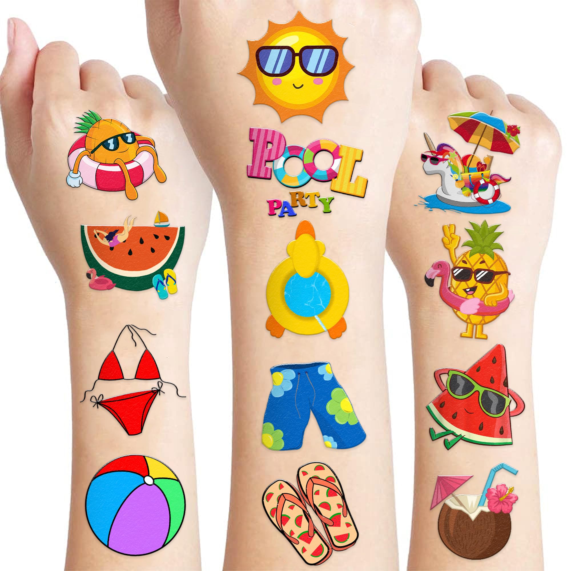 100 PCS Funny Summer Pool Temporary Tattoos Sticker Hawaiian Beach Tropical Luau Birthday Party Decorations Favors Supplies Gifts Girls Boys Baby
