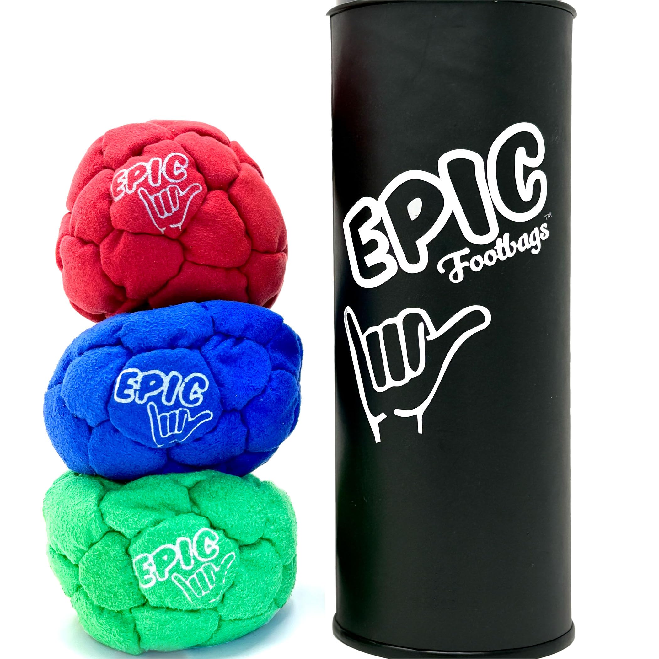 Epic Hacky Sack Balls, 3 Footbag Gift Set with Storage Tube