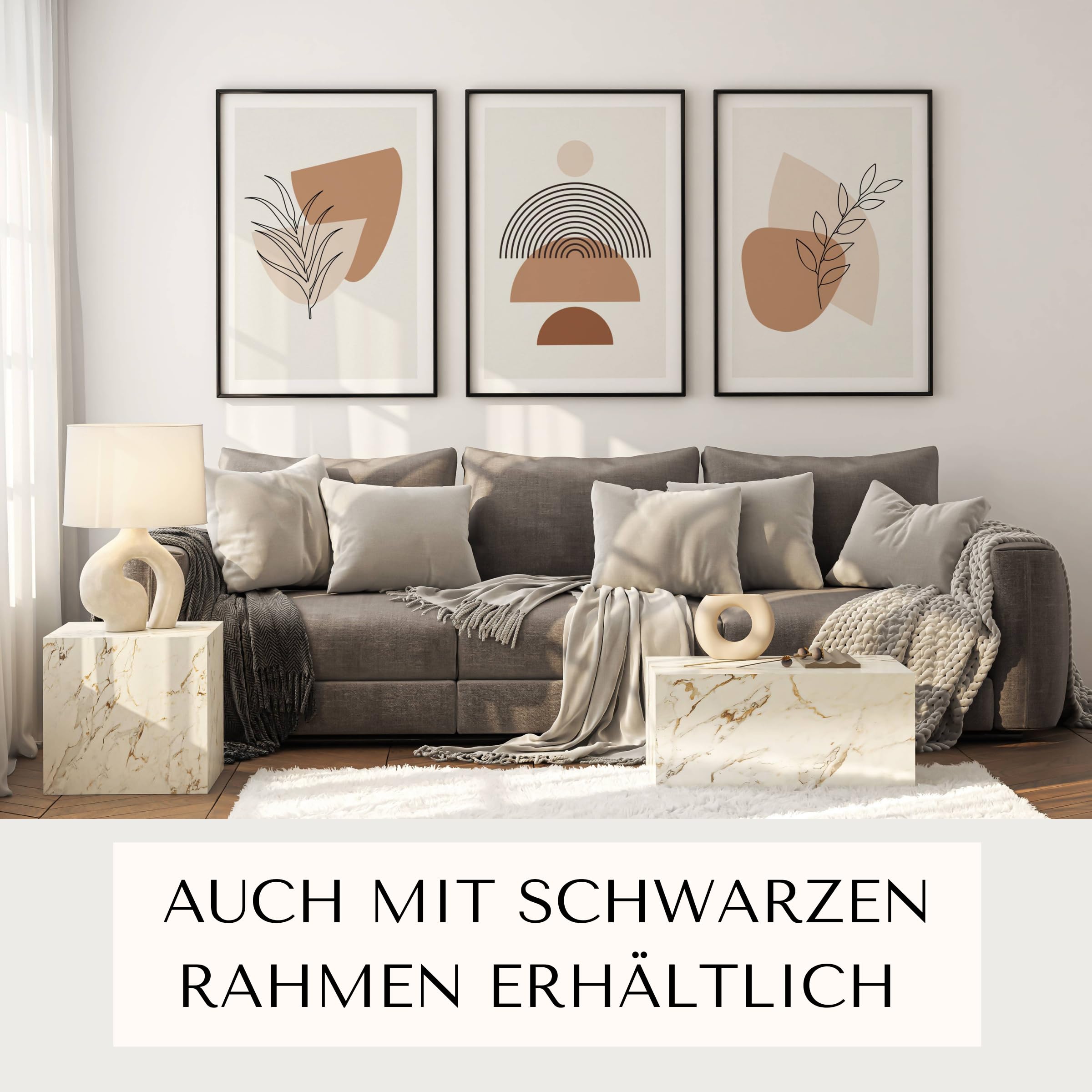 FAVELOT Abstrakte Bilder Set A4 mit schwarzen Rahmen, Poster Aesthetic, Poster Set, Wandbilder Wohnzimmer - Boho Bilder beige, Line Art Bilder, 3x Din A4