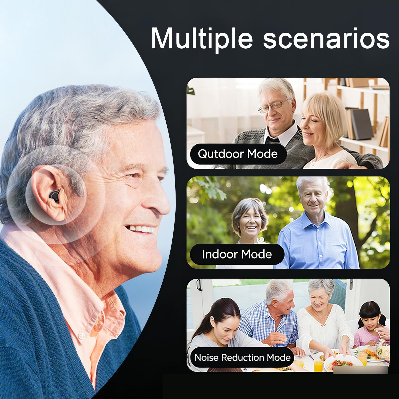 Dispositivo audio ricaricabile per anziani e adulti, dispositivo audio digitale con auricolari in-ear leggeri da 3,2 g, accensione anti ululo, comandi touch e custodia di ricarica LED (nero)