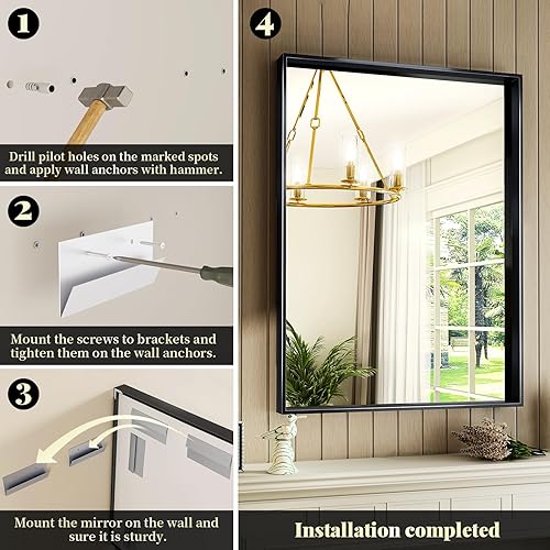 Miniatura 6 de Espejo con marco negro de 22 x 30 pulgadas para baño, espejo de tocador para sobre el fregadero, espejo de pared rectangular para dormitorio de