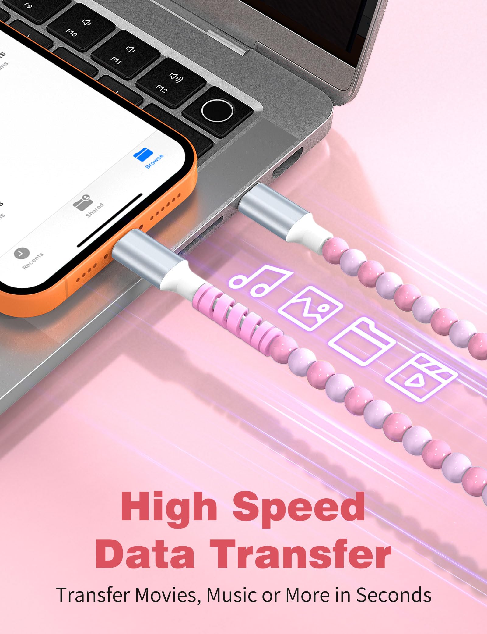 Cable USB C a USB C de 6 pies, 60 W de carga rápida con cuentas para iPhone 17, 16, 15Pro Max, iPad Pro Air 11th para Samsung S25 Ultra, S24, S23, FE A16, cable de carga de teléfono Android, para