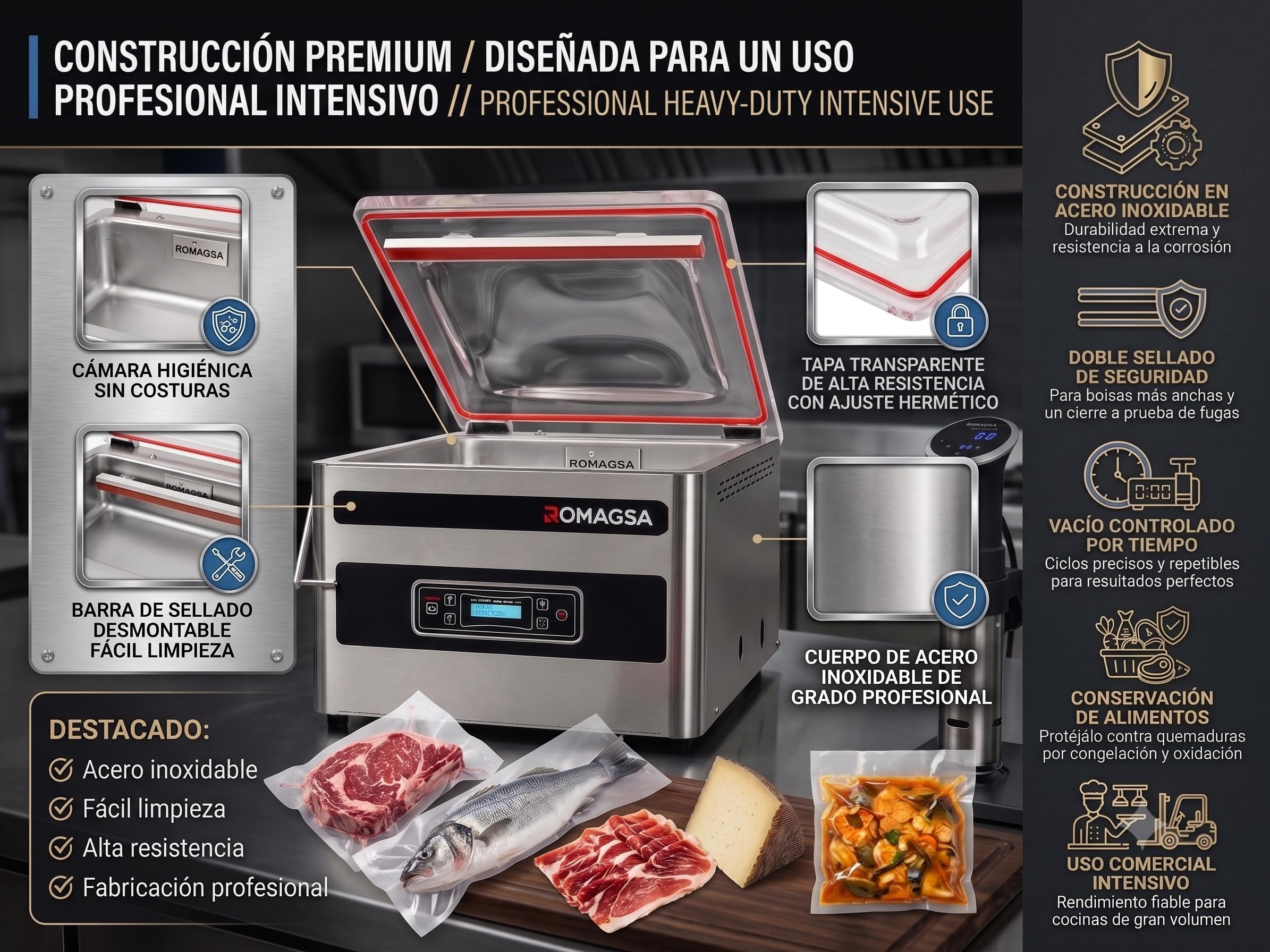 Envasadora al Vacío Profesional V220S con Sensor Botonera Electrónica | Bomba 20 m³/h | Doble Barra de Sellado 2 x 450 mm | Gas Inerte | Máquina para Hostelería Profesional