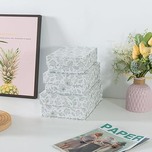 Miniatura 7 de Soul & Lane Cajas de almacenamiento decorativas de cartón, juego de 3 cajas de recuerdo con patrón floral verde claro con cierre magnético,
