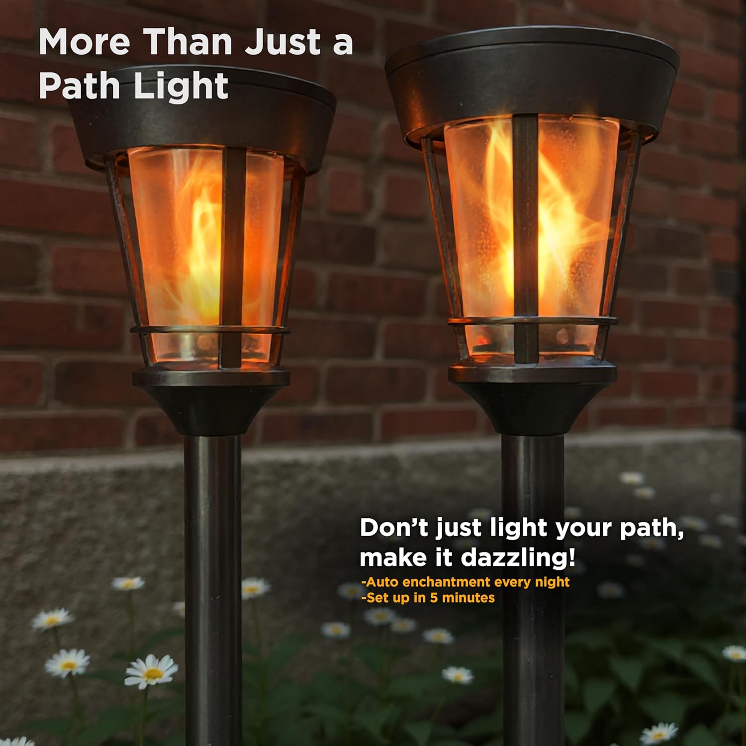 FoxFlame Classic Solar Path Torch - Elegant Flickering Flame Effect with Patented LED,IP65 Waterproof,Solar-Powered Lighting for Garden,Yard, and Landscape Ambiance Easy Stake Installation (6 Pack)
