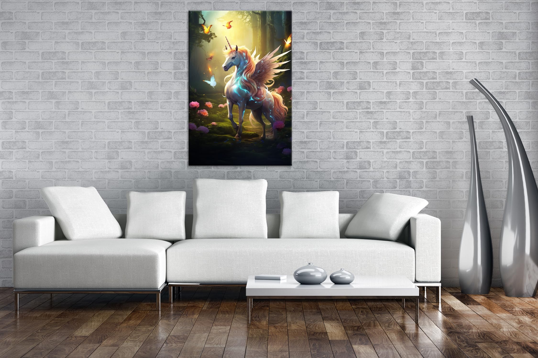 deyoli Magisches Einhorn – Lichtwesen im Zauberwald Format: 80x60cm XXL Kunstdruck Motiv auf Holzrahmen/Leinwandbild/Wandbild/Wohnzimmer Dekoration