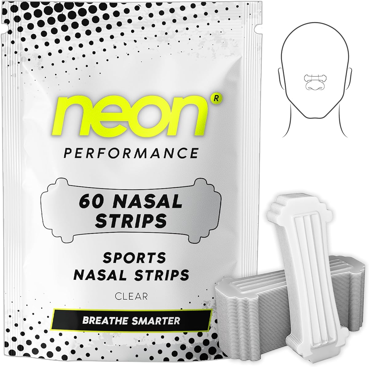 Neon Performance - Nasal Strips (60 Count) - Oil &amp; Sweat Resistant Adhesive - Athletic Nasal Strips for Sport &amp; Nose Strips for Snoring &amp; Sleeping - Nose Strips for Breathing (Clear Transparent)