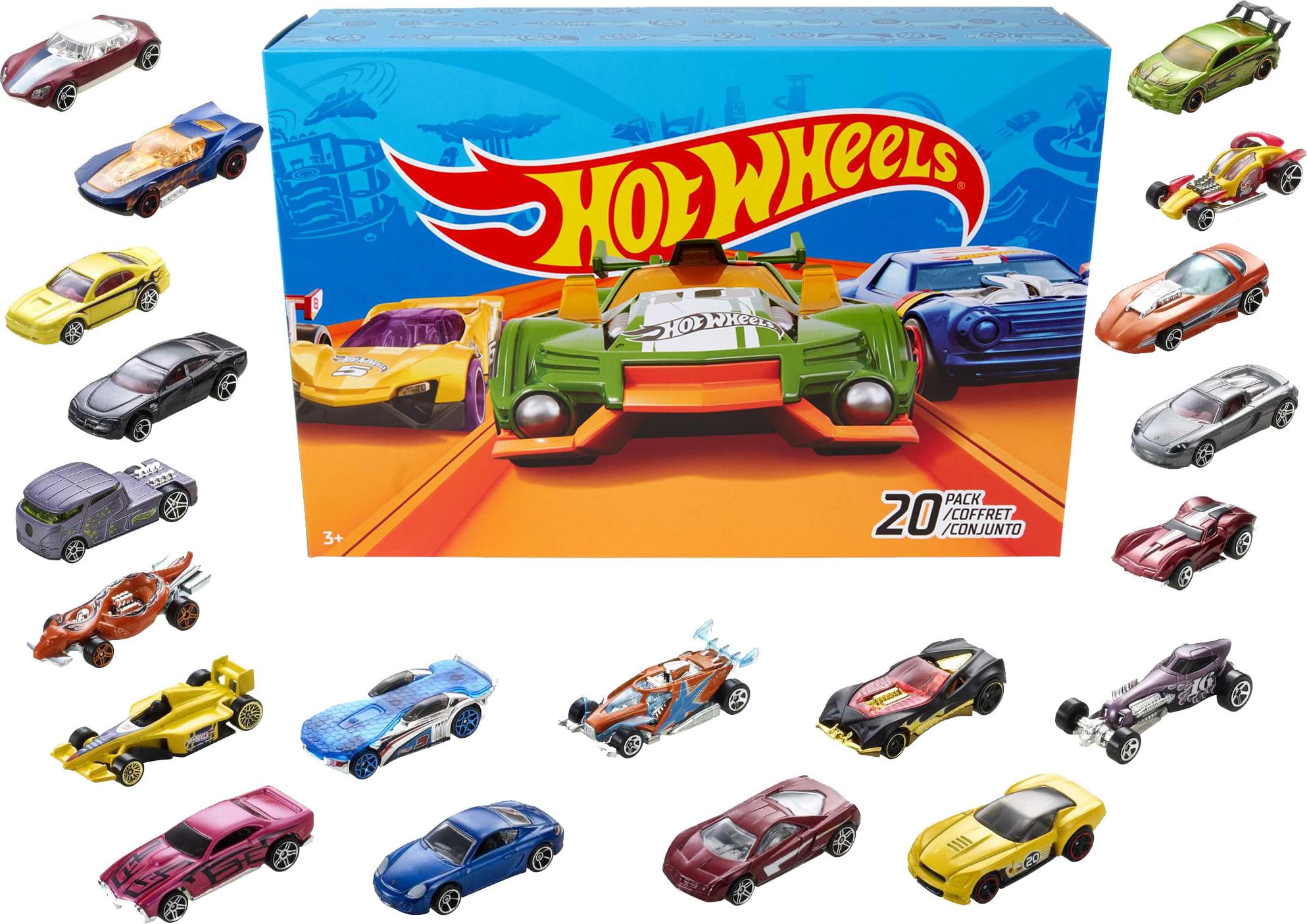 Hot WheelsSet of 20 Toy Cars, Assorted Styles, Toy Trucks and Cars in 1:64 Scale with Realistic Details and Decos, Collectible Cars for Kids Ages 3 and Up, Styles May Vary, DXY59