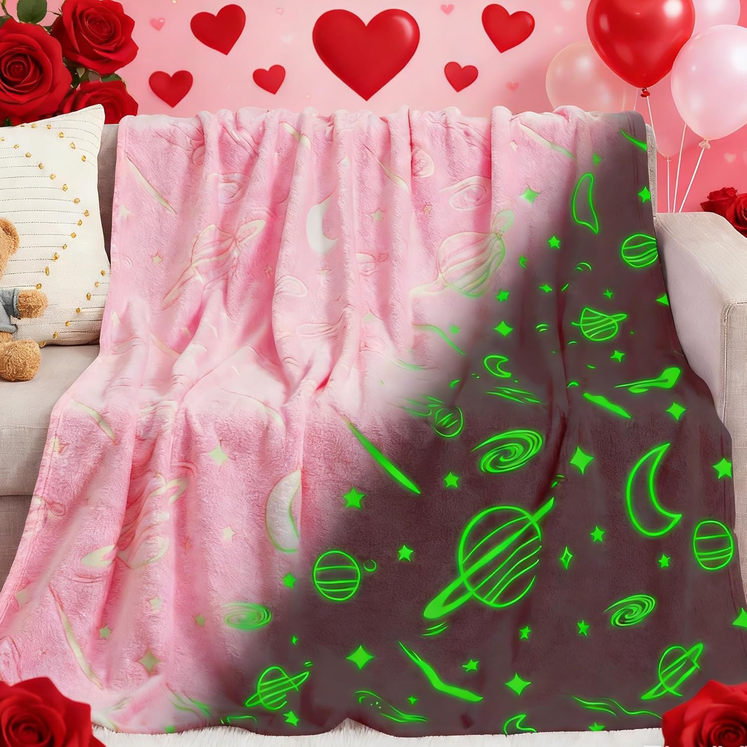 inhand Pink Blanket Girl Room Decor Glow in The Dark Blanket Soft Cute Space Star Valentines Day Gifts for Kids Birthday Gifts Planet Toys for 3,4,5,6,7,8,9,10,11,12 Years Old (50''x60'' Pink)