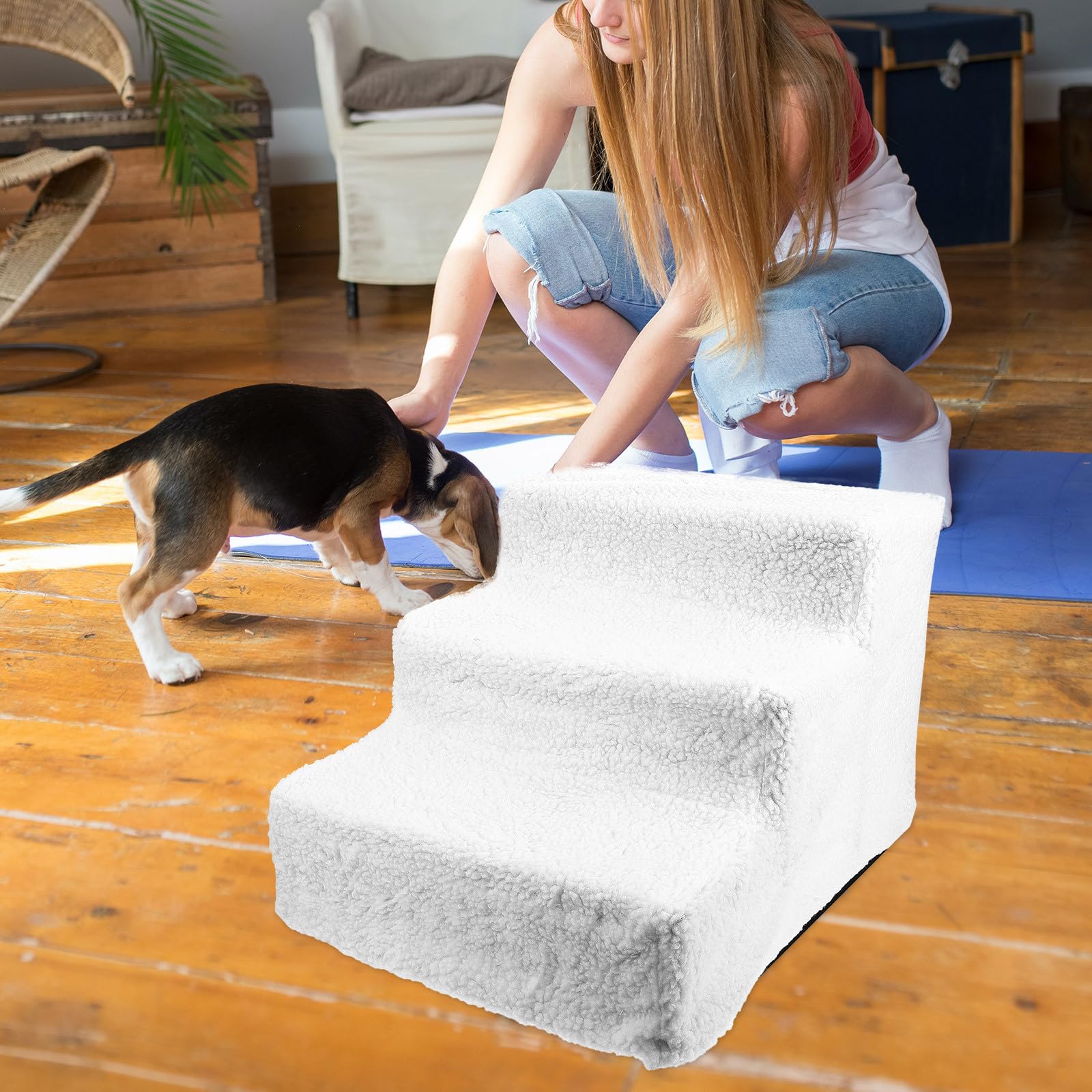 OUNONA Scala per Cani e Gatti Antiscivolo in Plastico e Flanella, Gradini Sicuri per Animali Domestici Anziani e Cuccioli, per Casa e Uso Pet Supply