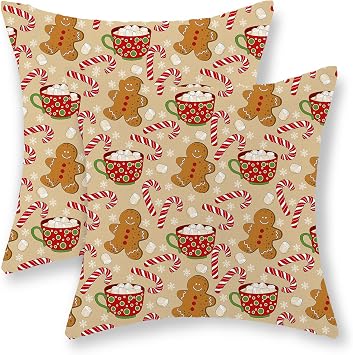 Christmas Pillow Covers 18x18 Set of 2 Gingerbread Man Candy Cane Snowflake Throw Pillows Outdoor Christmas Decorations Pillowcase Winter Farmhouse Holiday Decor Cushion Covers for Couch Home