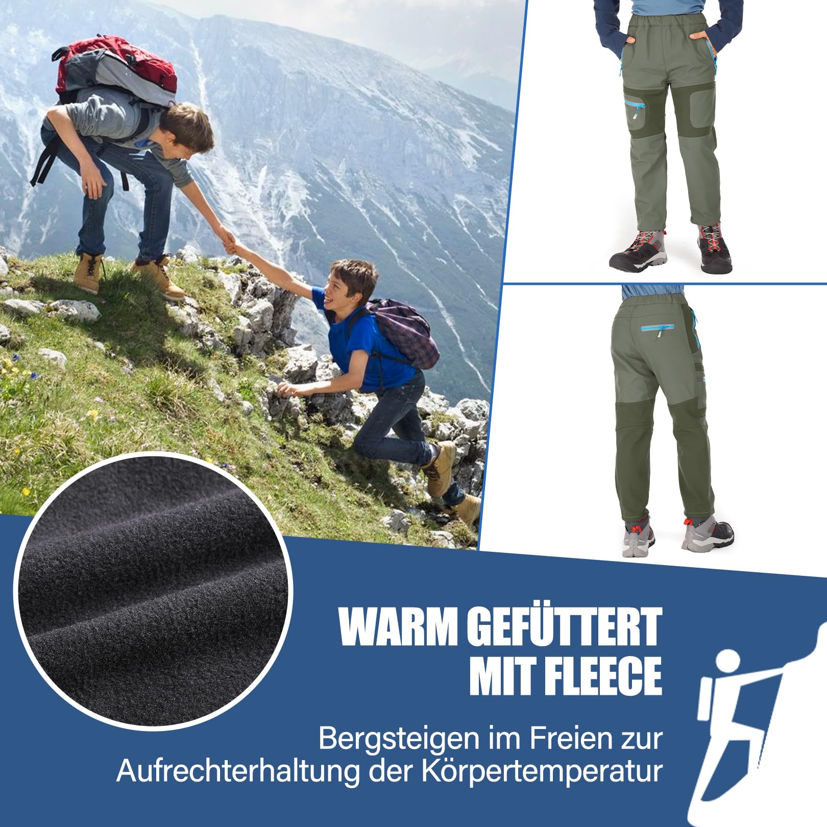Kinder Softshellhose gefüttert Skihose wasserdicht Thermohose Wanderhose Trekkinghose Schneehose Winter Outdoorhose Cargohose für Jungen und Mädchen