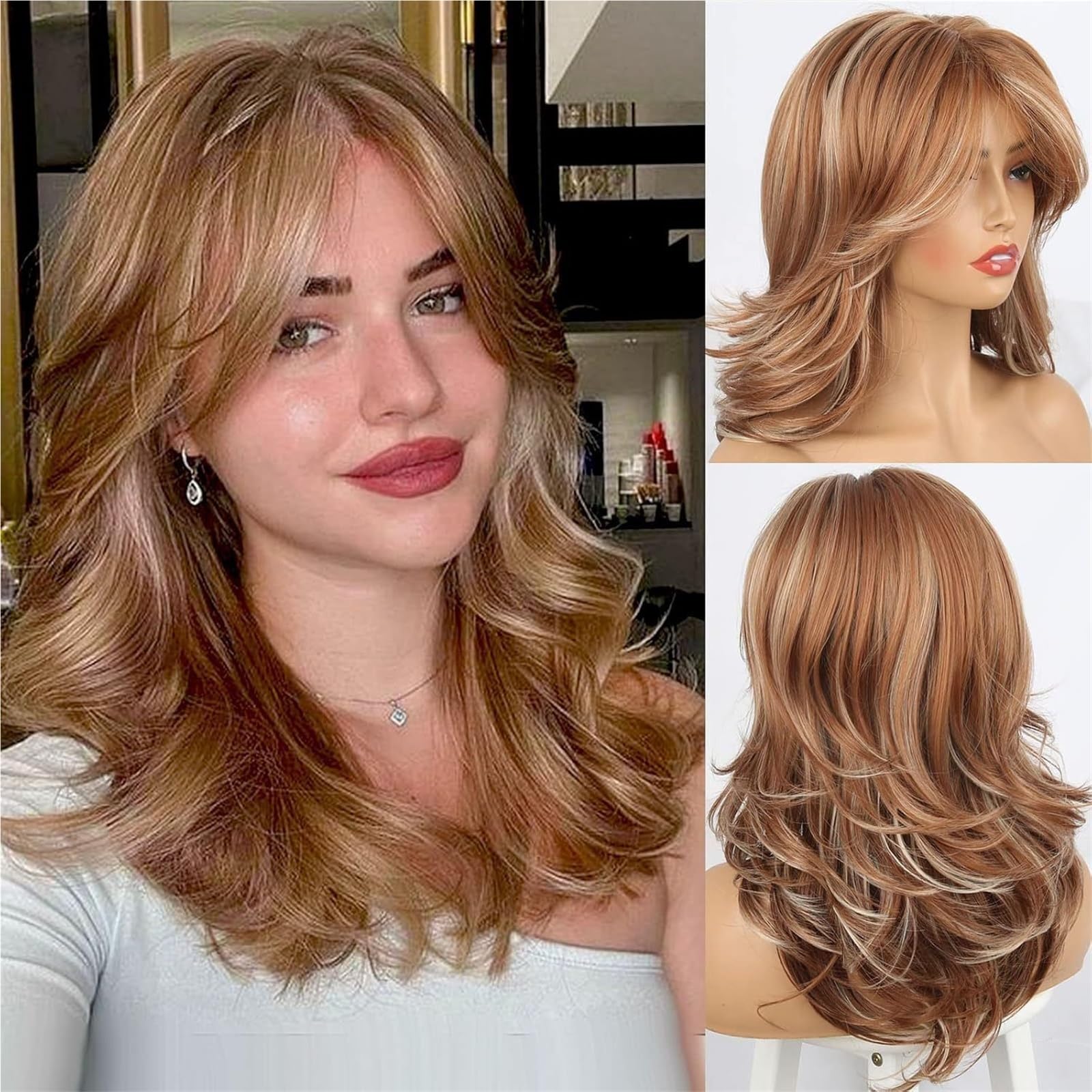 Libangrong-888 Gold Wigs Eight Character Bangs, Medium Long Hair, Natural Layered Wig Natural Wig(Gold)