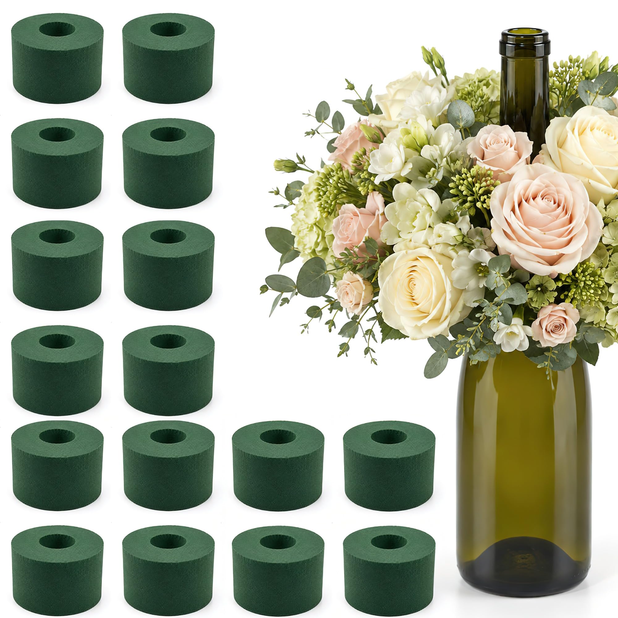16 Pcs Floral Foam Holder for Wine Bottle for Wedding Party Table Decor | Round Floral Foam Ring, Fresh Flower Arrangement, Table Centerpiece Decor, Decoration, Reusable, DIY, Outdoor, Mini