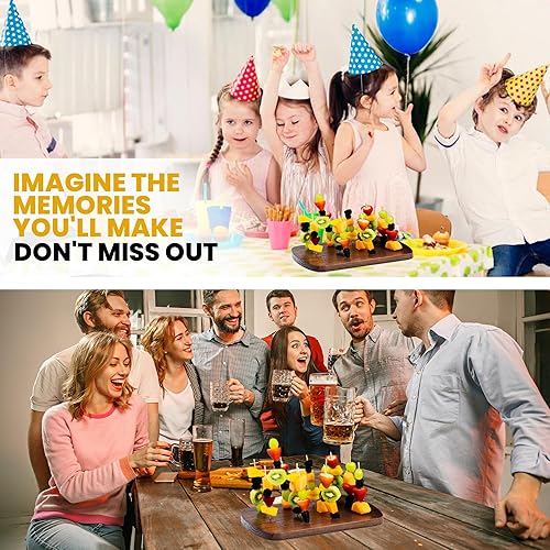 Miniatura 7 de Soporte para brochetas de madera con 100 pinchos de bambú para aperitivos, tablero de exhibición de alimentos de madera con 63 agujeros para cóctel,