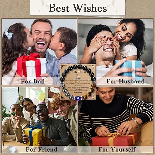 Miniatura 5 de SmileBelle Pulsera de triple protección para hombre, pulseras de cuentas para hombre, joyería de mal de ojo para hermano, novio, pulsera de