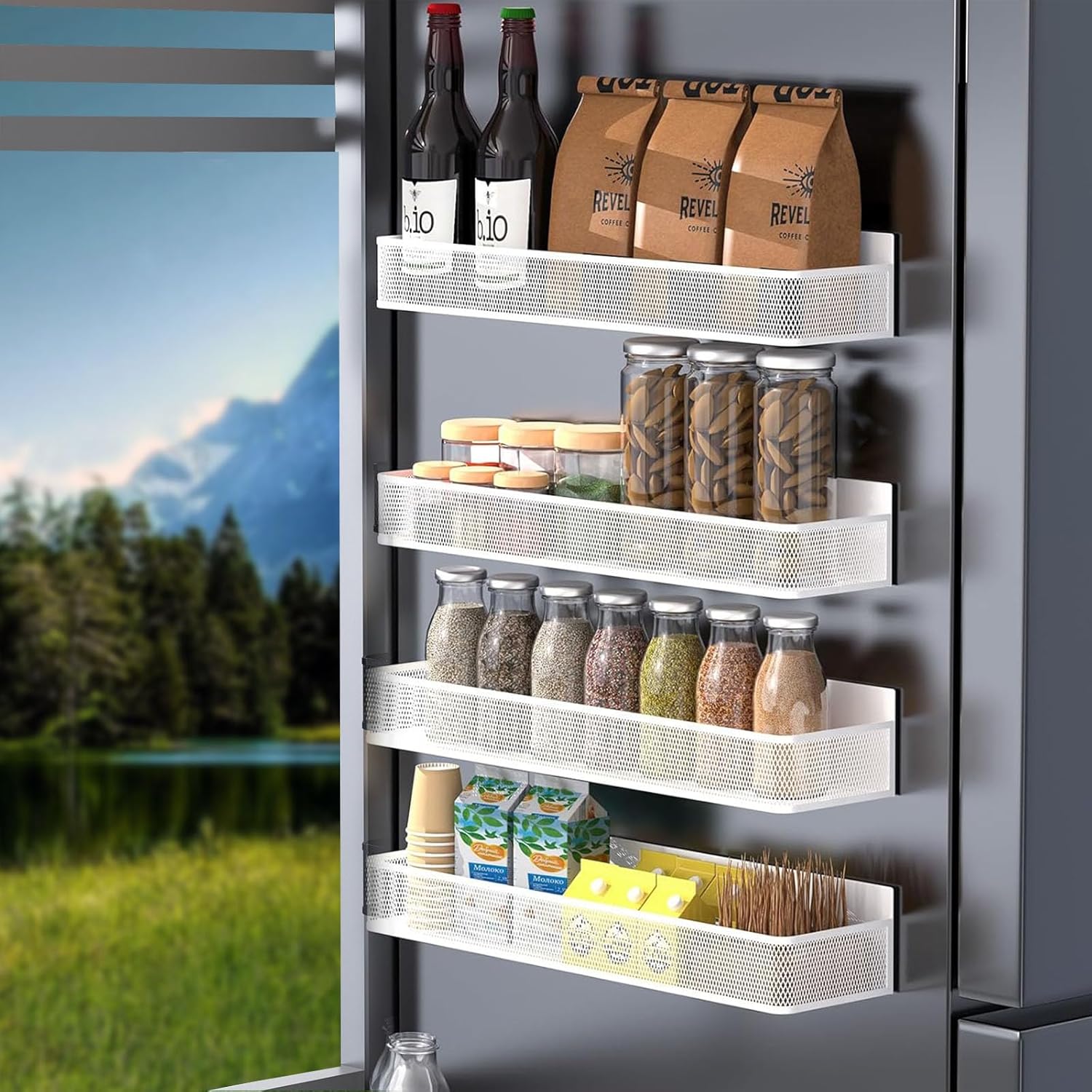 Magnetic Spice Rack for Refrigerator, 4 Pack Magnetic Spice Rack Organizer, Moveable Magnetic Fridge Organizer Rack with Hooks Spice Organizer for Kitchen Storage-white1