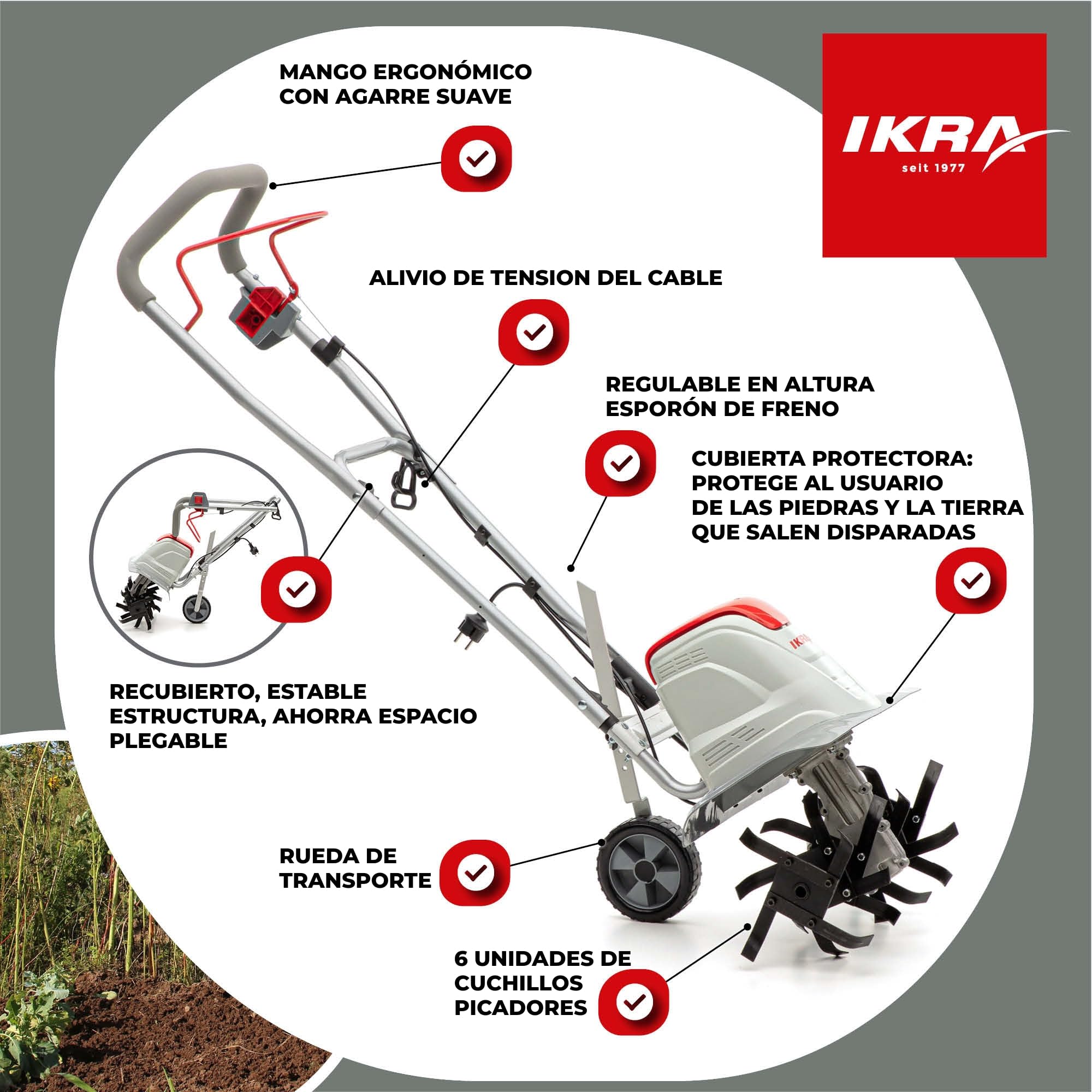 IKRA motozada eléctrica Fem 1500, 3 anchuras Flexibles de 17, 30 y 45 cm | 1500 W, profundidad de trabajo de 23 cm, espolón de profundidad, rueda de transporte, plegable, protección contra sobrecargas