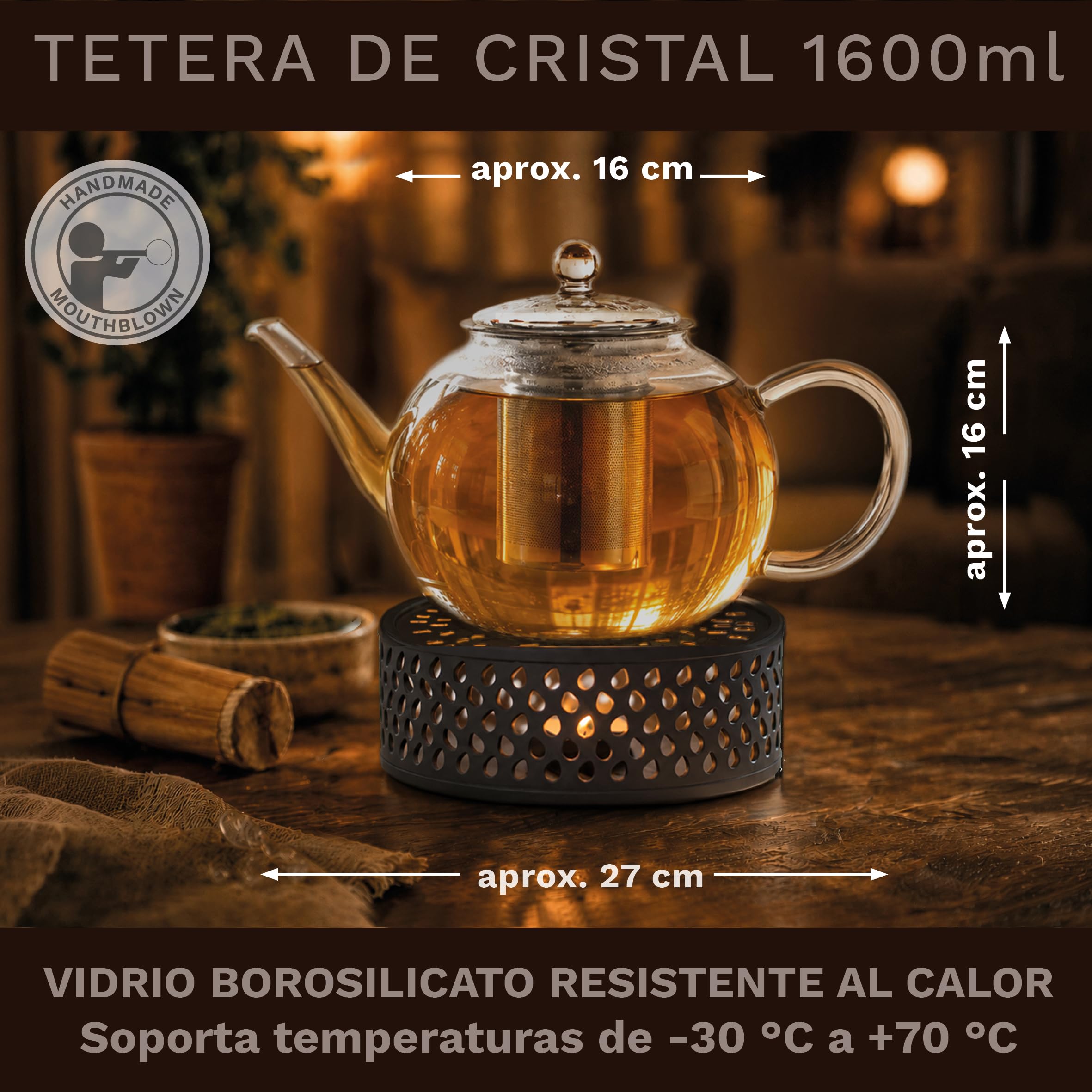Creano Tetera de Vidrio „Plana“ 1,6L con Filtro de Acero Inoxidable y Calentador „Leaf“ Negro – Elegancia Moderna Antigoteo