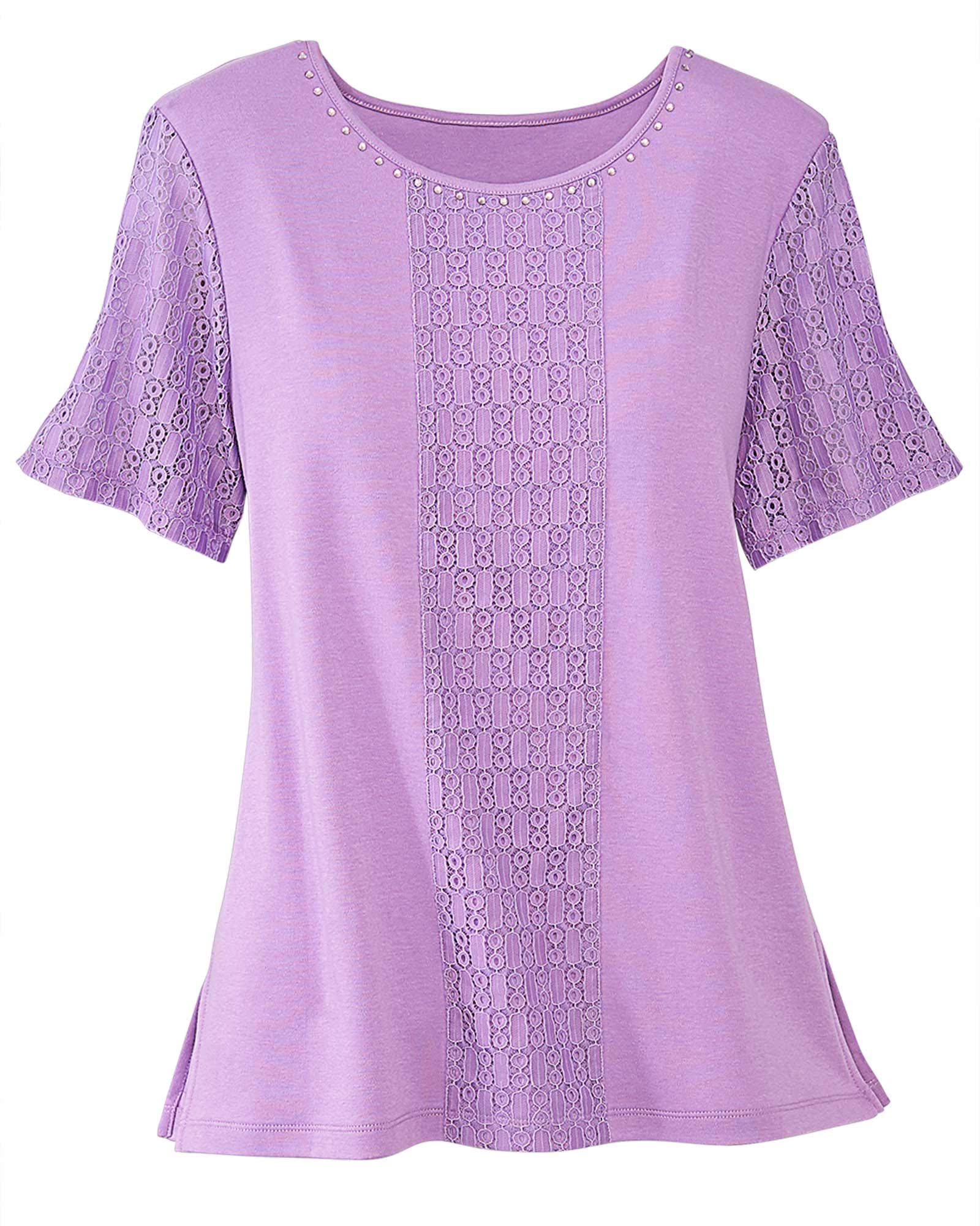 Alfred Dunner Womens Jewel Neckline Soft Knit Top With Lace