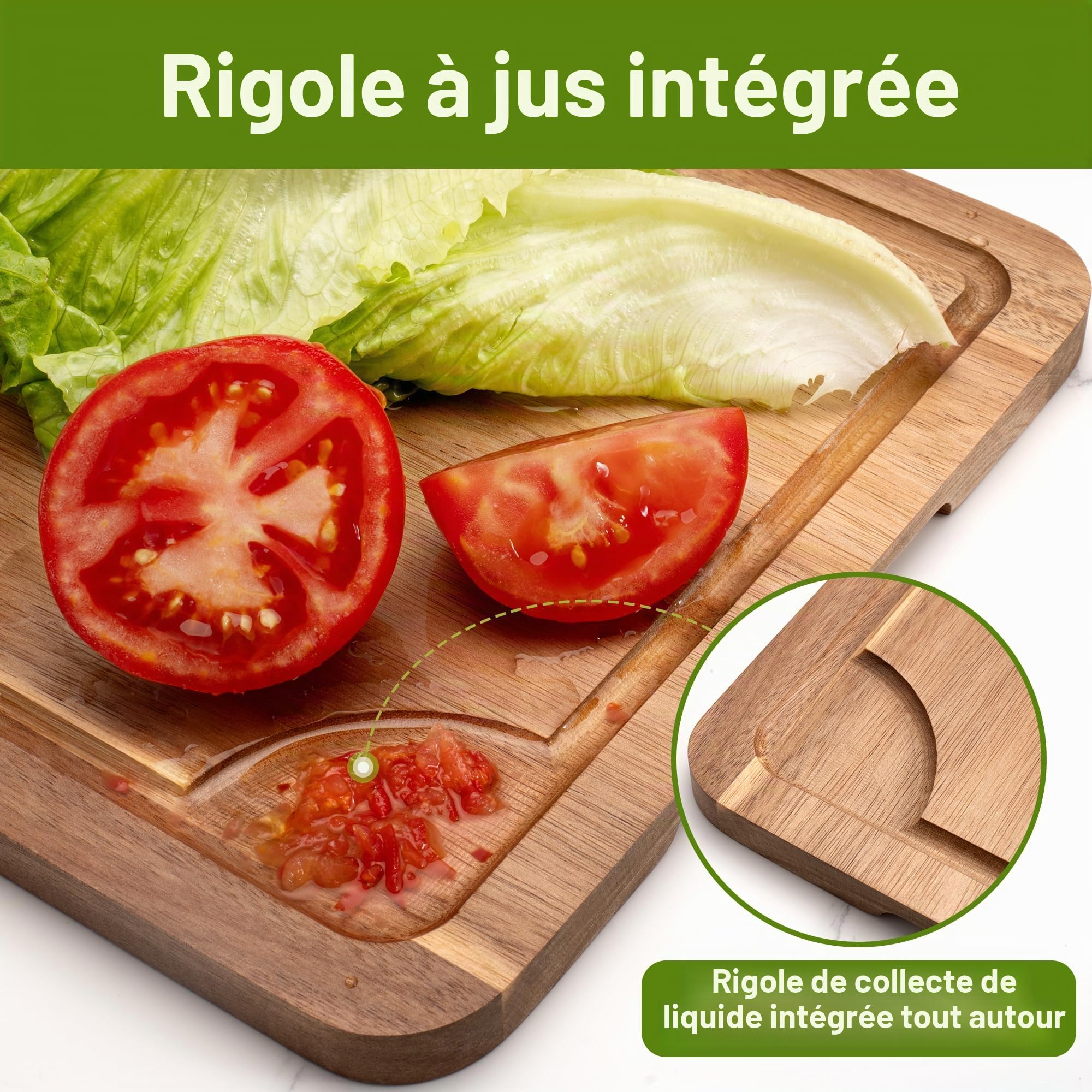 WILLKOMMEN Lot de 3 planches à découper en bois pour cuisine avec rainure pour jus, planches à découper (37x25-30x20-25x17cm) et bloc de boucher pour viande, légumes et fromage