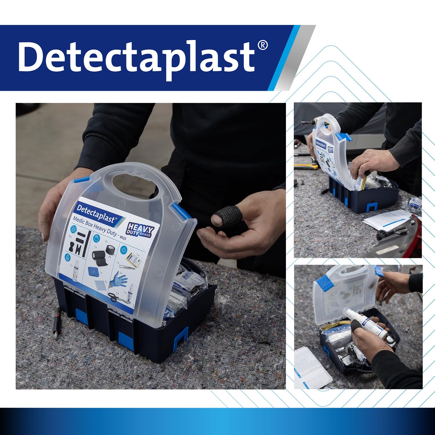 Detectaplast Kit pronto soccorso professionale con cerotti neri resistenti y cerotto spray, ideale per industria, artigiani, ristorazione, officine e uso quotidiano. Valigetta portatile. 86 pezzi