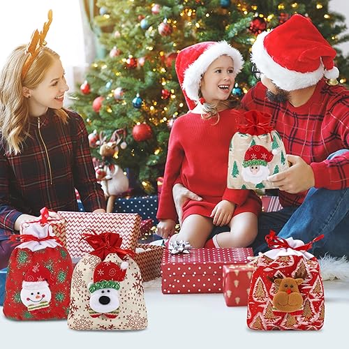Miniatura 4 de SHANGRLA Bolsas de regalo de muñeca con cordón de Navidad con diseños de muñeco de nieve, renos, Papá Noel, oso  Bonitas bolsas de regalo de tela de