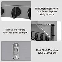 Vista 3 de Soporte para Llaves de Pared con Estante, Estante Rústico con Ganchos Hecho de Madera de Paulownia que Sostiene Llaves, Correa de Perro, Bolsas