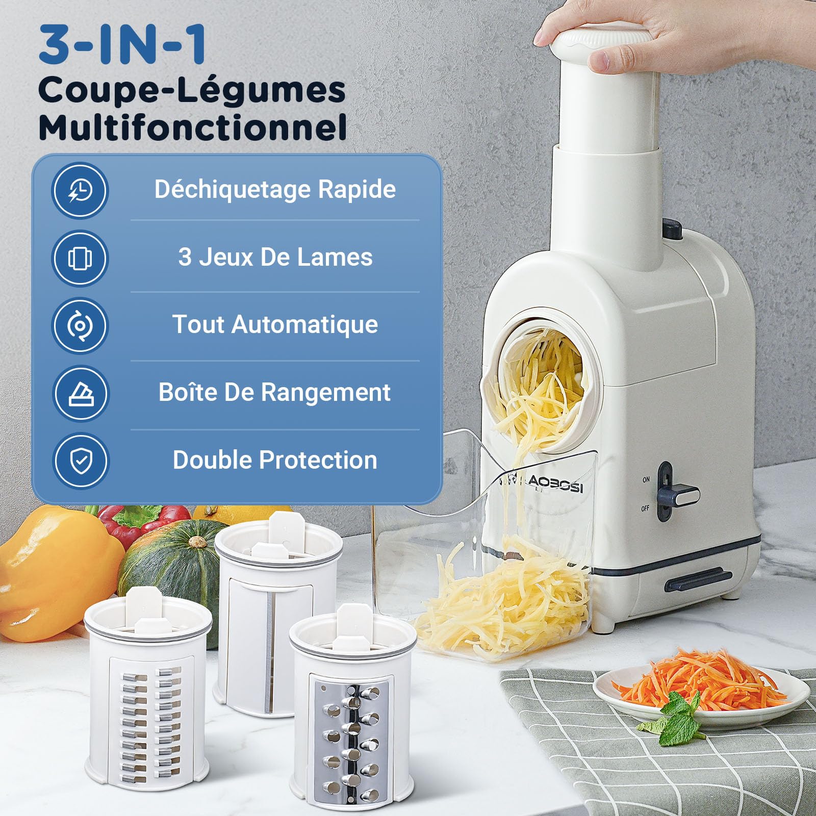 Râpe a Légumes Électrique,AOBOSI Râpe Electrique pour râper et émincer avec une grande fente pour râper les carottes entières, les pommes de terre, 3 lames et un moteur silencieux-Mise à jour