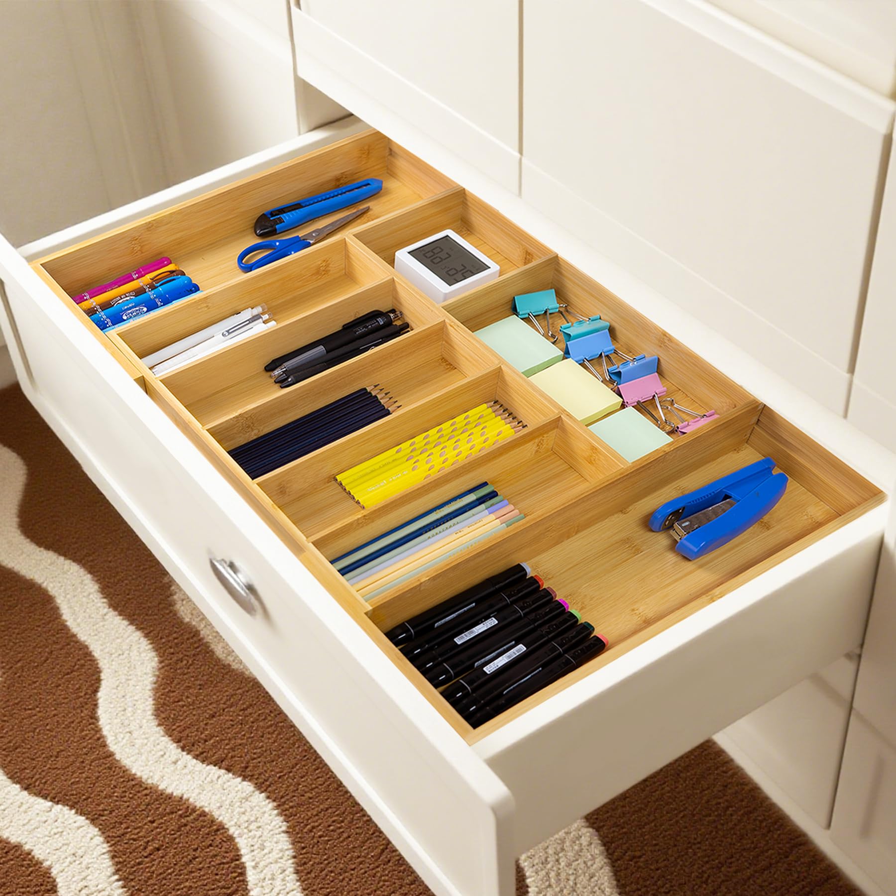 RMR Home Bamboe Zilverwerk Organizer - Uitbreidbare Keuken Lade Organizer en Gebruiksvoorwerp Organizer, Perfect Size Bestek Lade Met Lade Dividers voor Keukengerei en Bestek (7-9 Slots) (Natuurlijk