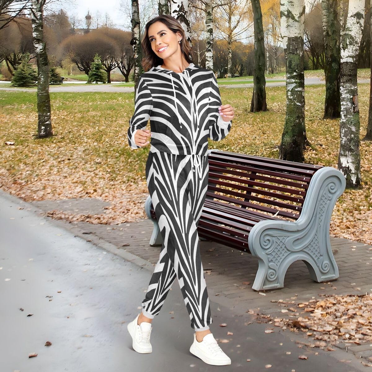 Conjunto deportivo de 2 piezas para mujer, diseño de rayas de piel de cebra africana, conjunto deportivo de manga larga, estampado animal