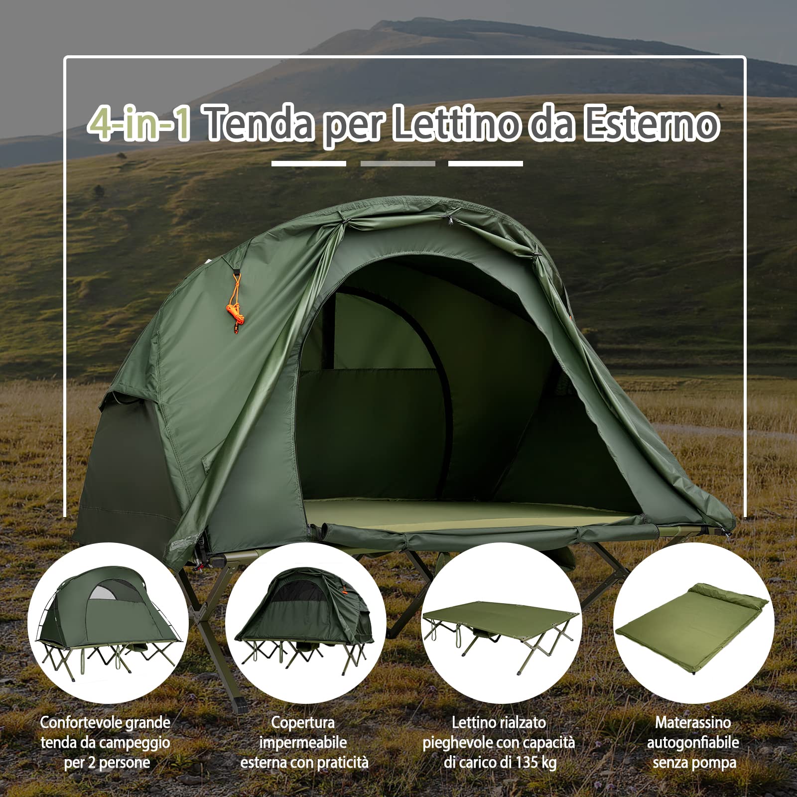 COSTWAY 4 in 1 Tenda da Campeggio Rialzata per 2 Persone, Letto Brandina da Campeggio Pieghevole con Materasso Gonfiabile Automatico, Tenda a Doppio Strato Impermeabile e Antivento con Borsa