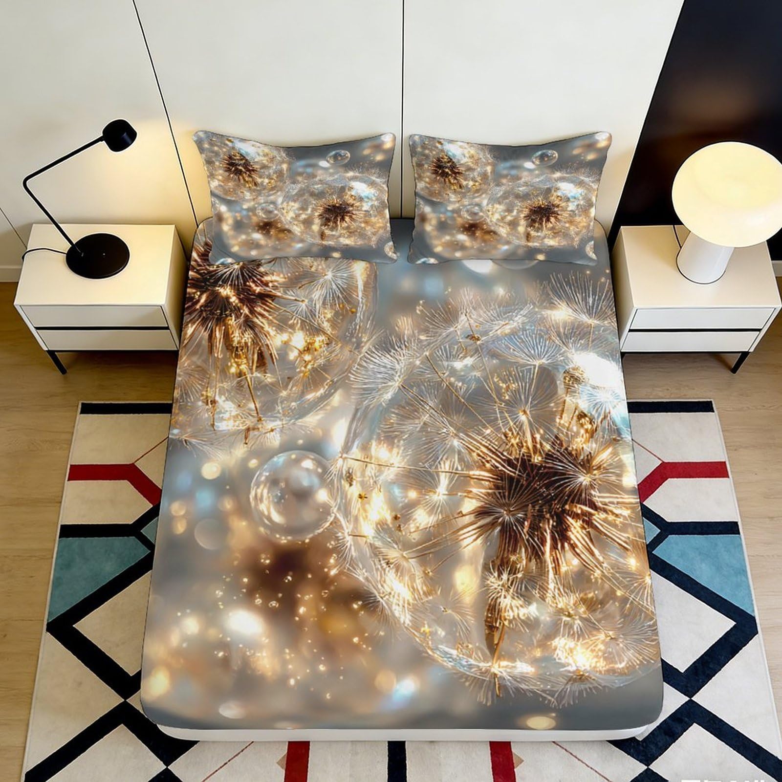 3D Printed Golden Sparkle Fitted Sheet Microfiber Soft Breathable Firework Bed Cover for Bedroom Guest Room Decor Protection 90x200x25cm
