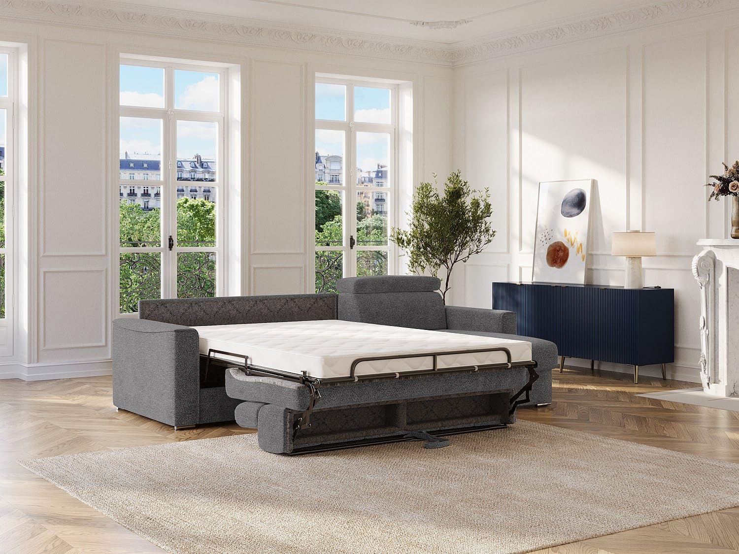 Vente-unique-Sof· esquinero Reversible Convertible Express en Tela Chenille Gris Antracita - Cama 160 cm - ColchÛn de 14 cm Vizir