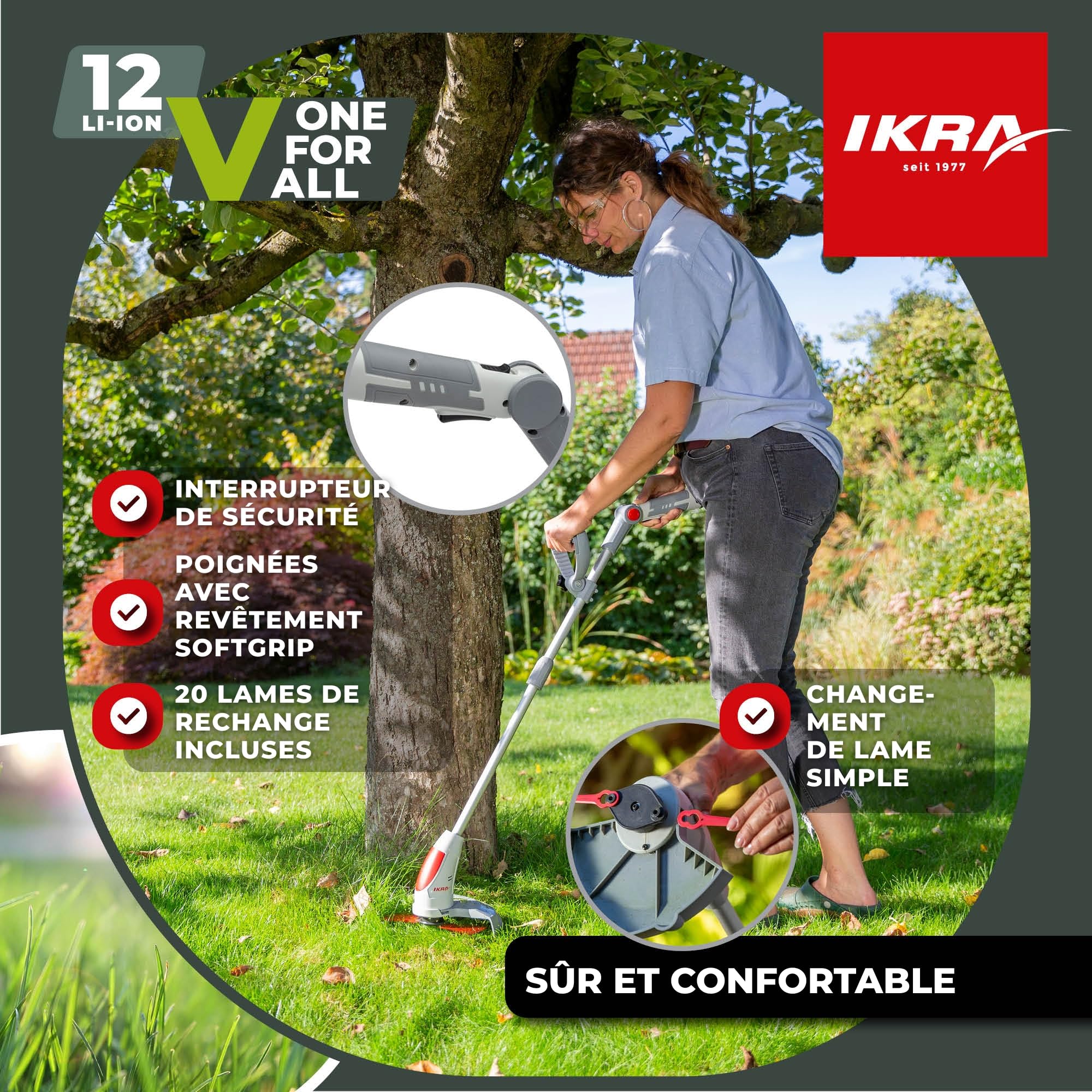 IKRA Coupe-Bordures sans Fil IART 1224 avec Batterie, Chargeur et 20 Lames | Léger (1,5 kg), largeur de coupe de 24 cm, poignée réglable sur 4 positions, compatible avec la gamme de batteries 12V d'IKRA
