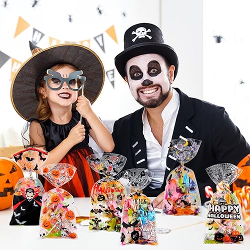 Miniatura 6 de 180 bolsas de celofán de Halloween, bolsa de plástico transparente para dulces con lazos dorados para fiestas de Halloween