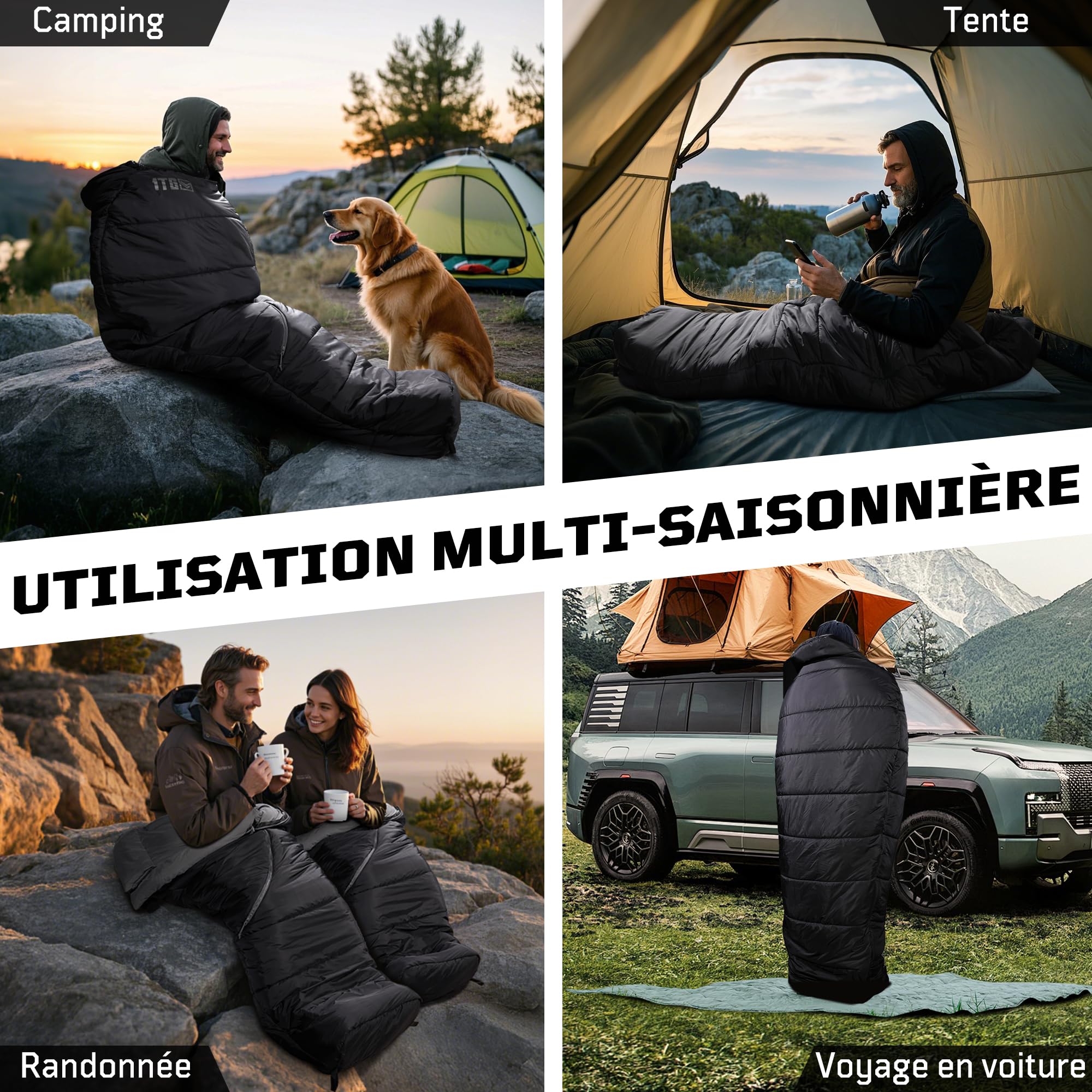 Sac de Couchage Momie 3 Saisons Adulte, Léger et Compact, Déperlant, Confort pour Nuits Fraîches, Idéal pour Camping, Vanlife, Festival et Road Trip, jusqu'à 185 cm