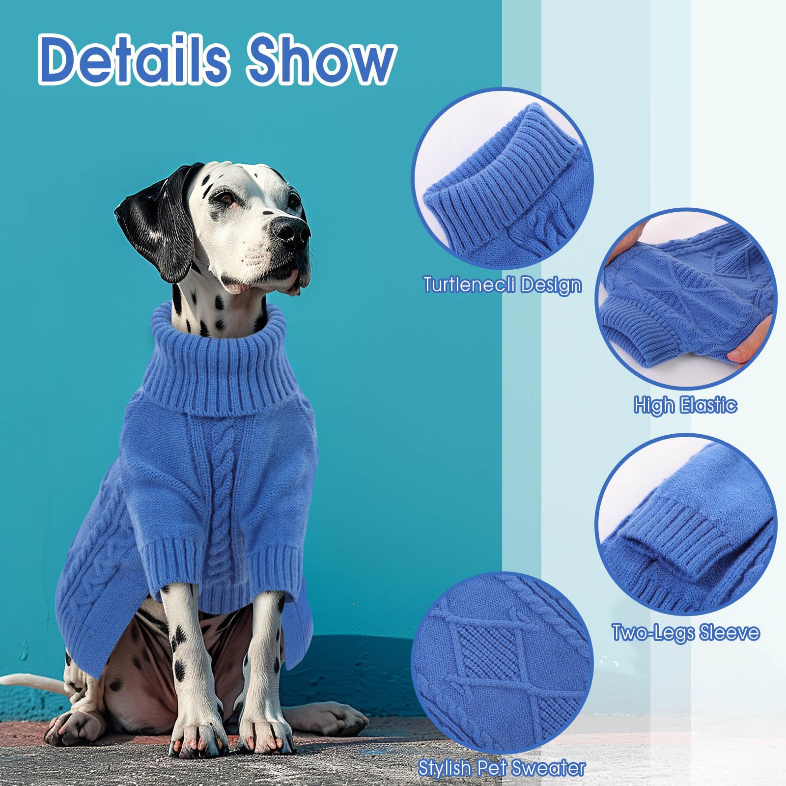 Preferhouse Turtleneck Sweater for Large Dogs, Long Sleeve Knitted Fall Winter Warm Pullover for Medium to Large Breeds, Blue 2XL