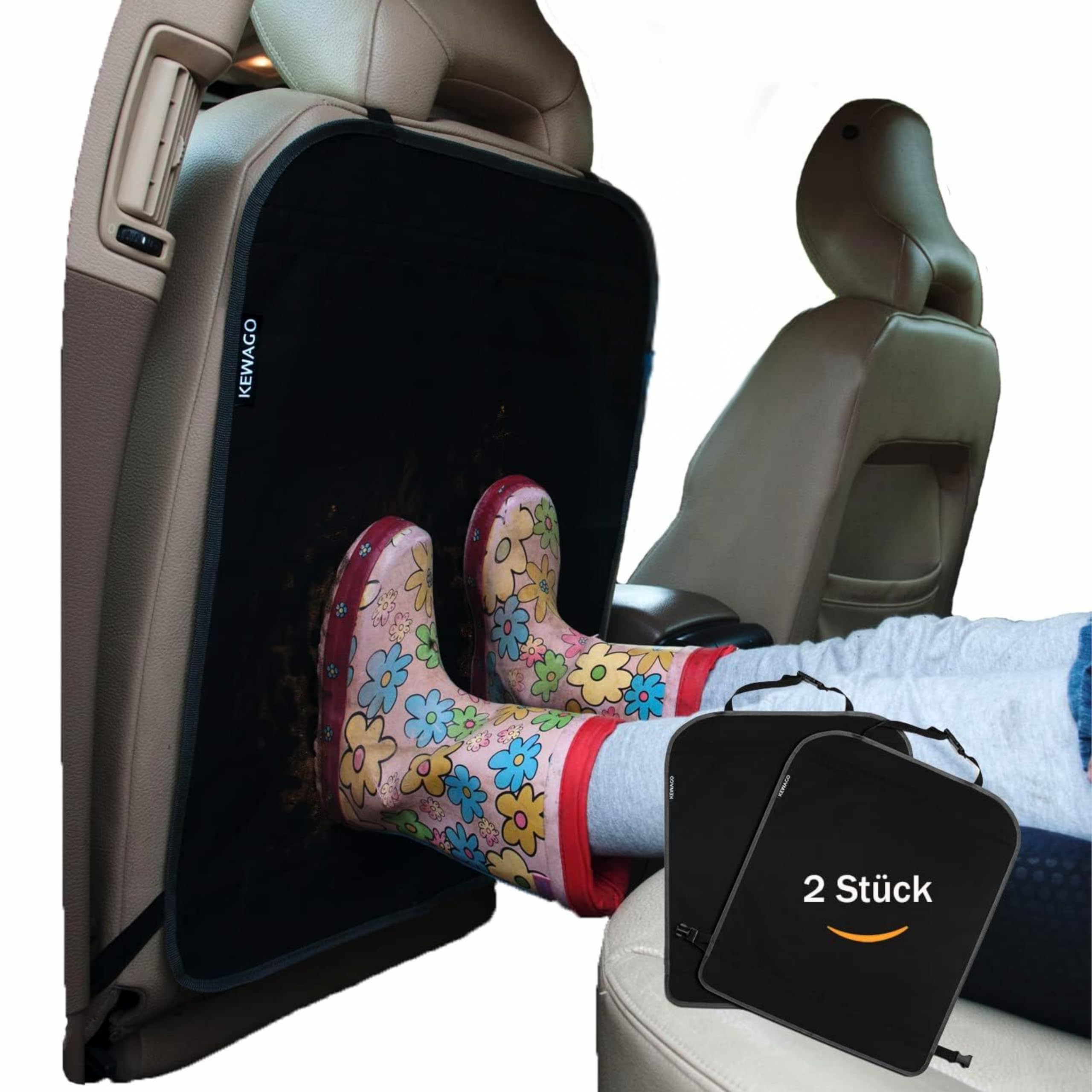 Kewago Rückenlehnenschutz Auto Kinder 2 Stück schwarz - Trittschutz Autositz & Rücksitzschoner - Sitzschoner Auto Vordersitze - Autositz Schutz vor Schmutz, Abdrücken & Kratzern - Schutzmatte