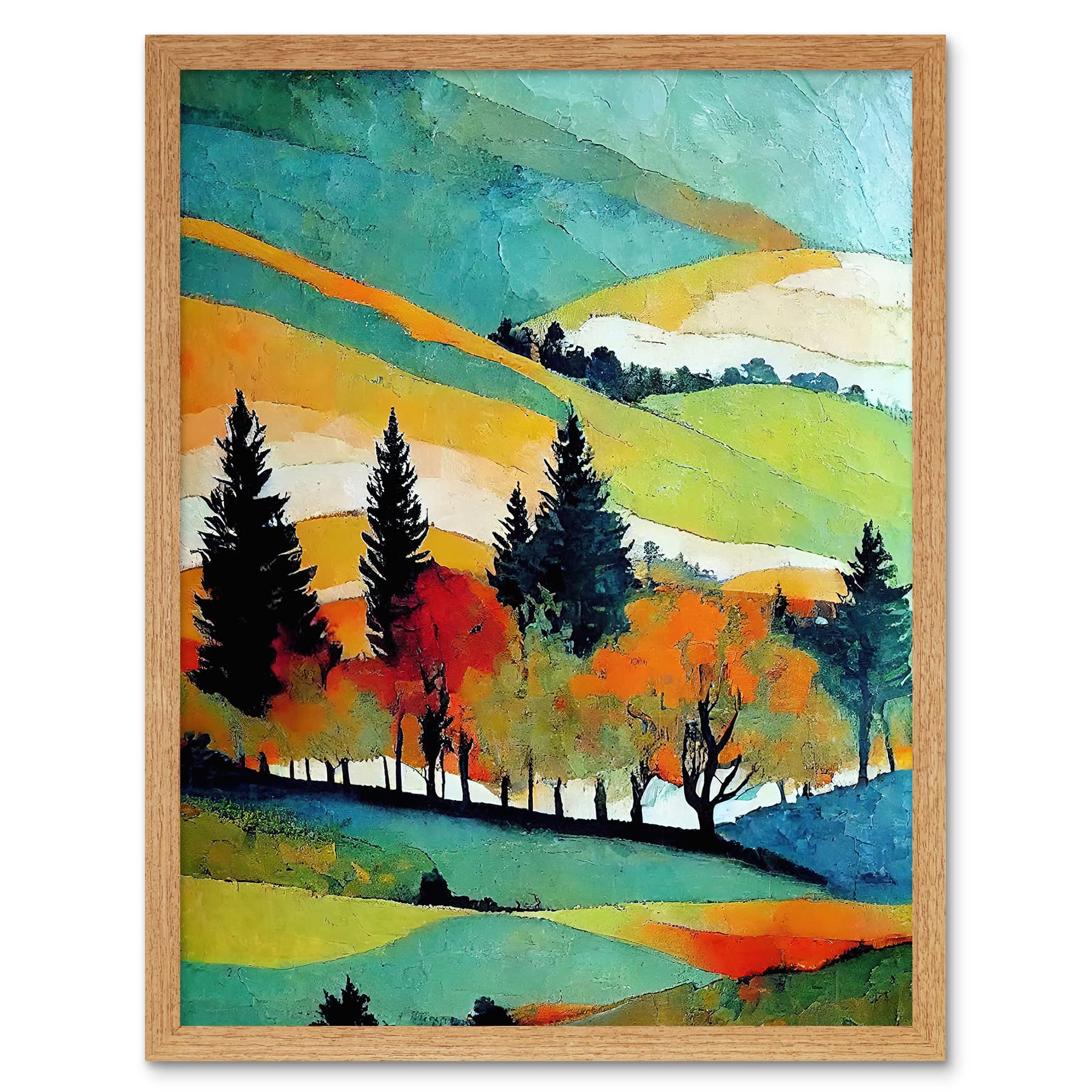 Wee Blue Coo Colourful Autumn Landscape Scotland Hillside Forest Oil Painting Art Print Framed Poster Wall Decor 12x16 inch