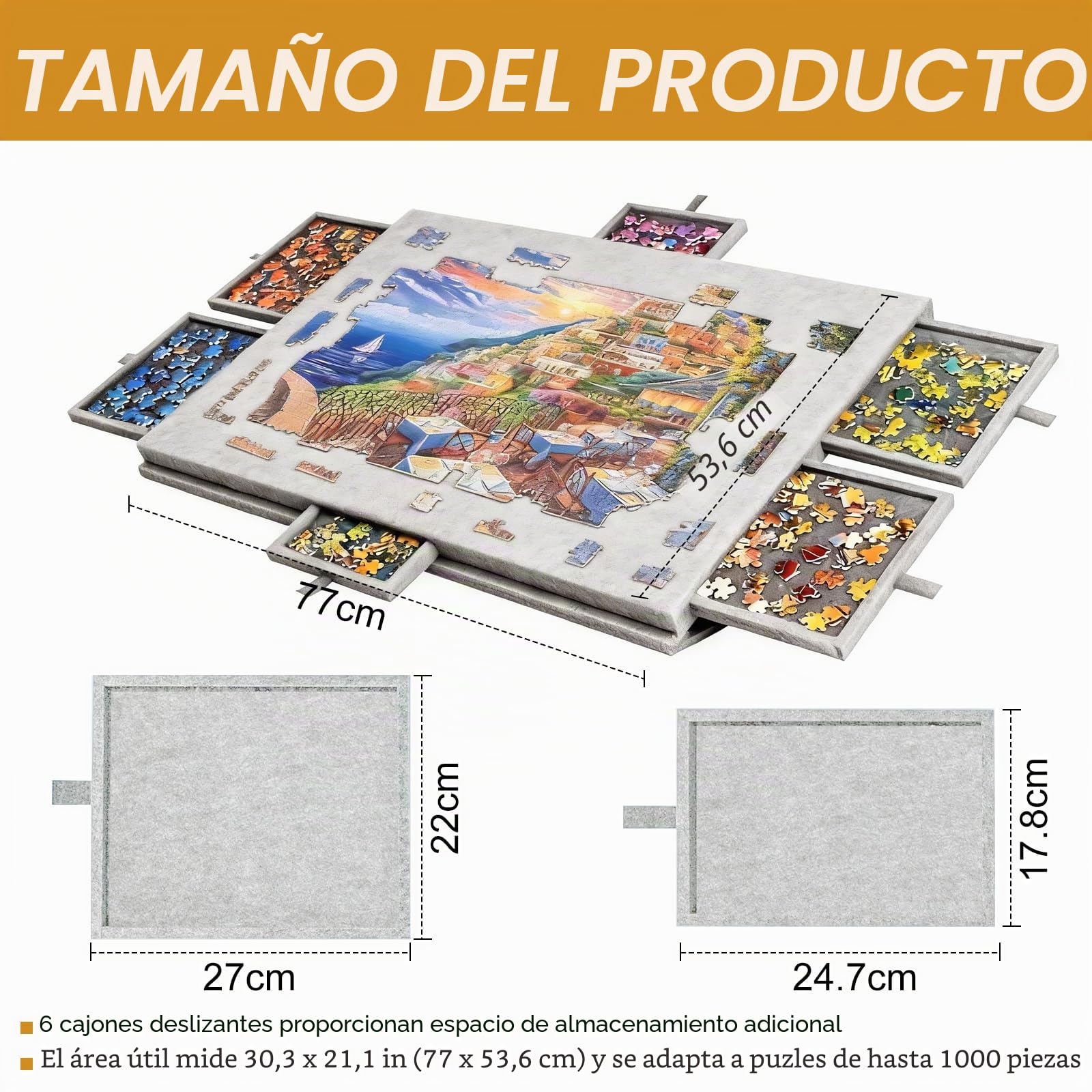 Tablero de Rompecabezas Plegable de 1000 Piezas, Tablero Rígido de Fieltro para Puzzle con Cubierta y Cajones de Clasificación, Portátil Mesa Puzzles, Gris Claro