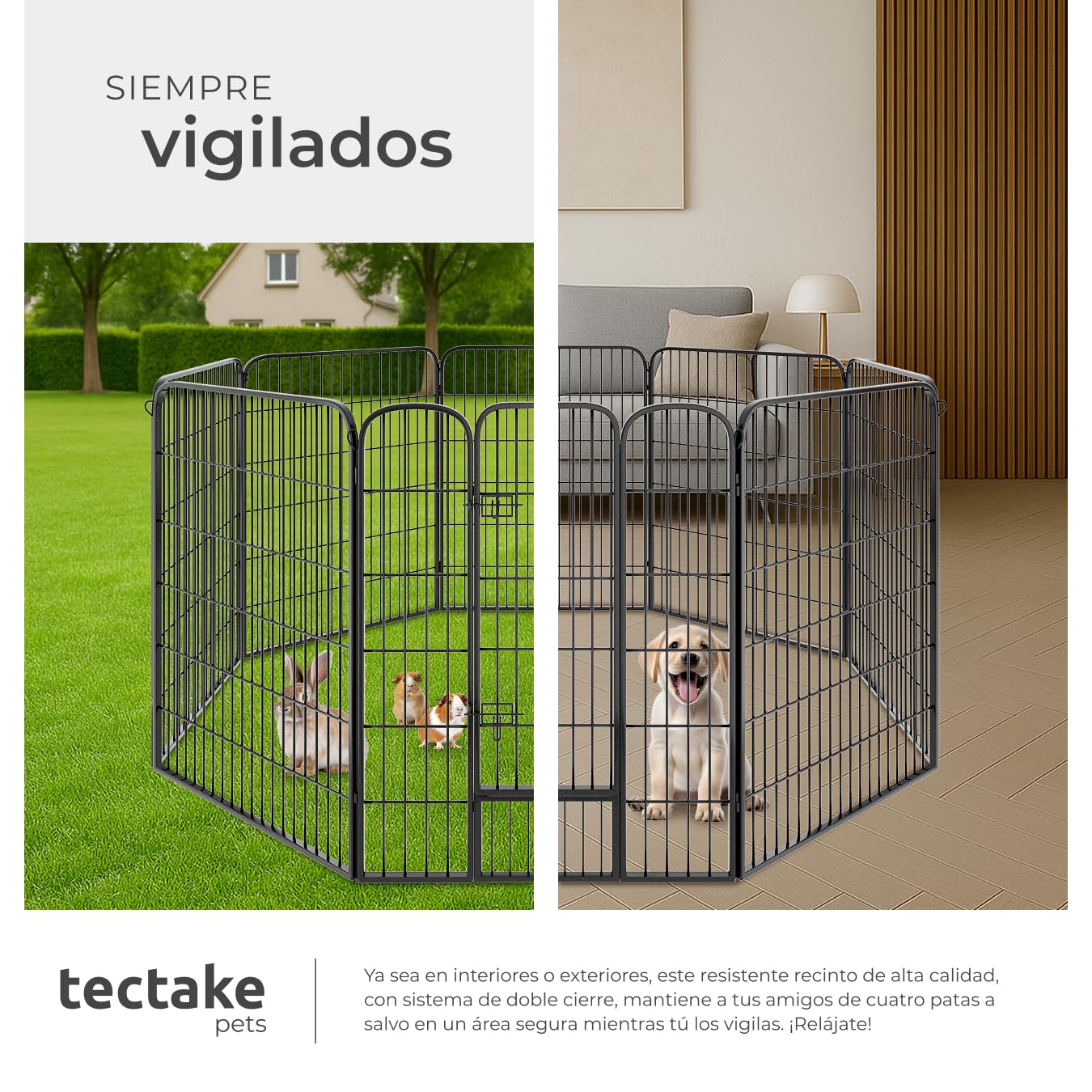 tectake® Parque para Perros y Conejos, Puerta Seguridad para Niños y Mascotas, Valla Metálica, Jaula Perro Grande, Barrera de Seguridad Plegable, Parque Perros y Conejos, Doble Cierre - 100 cm Alto