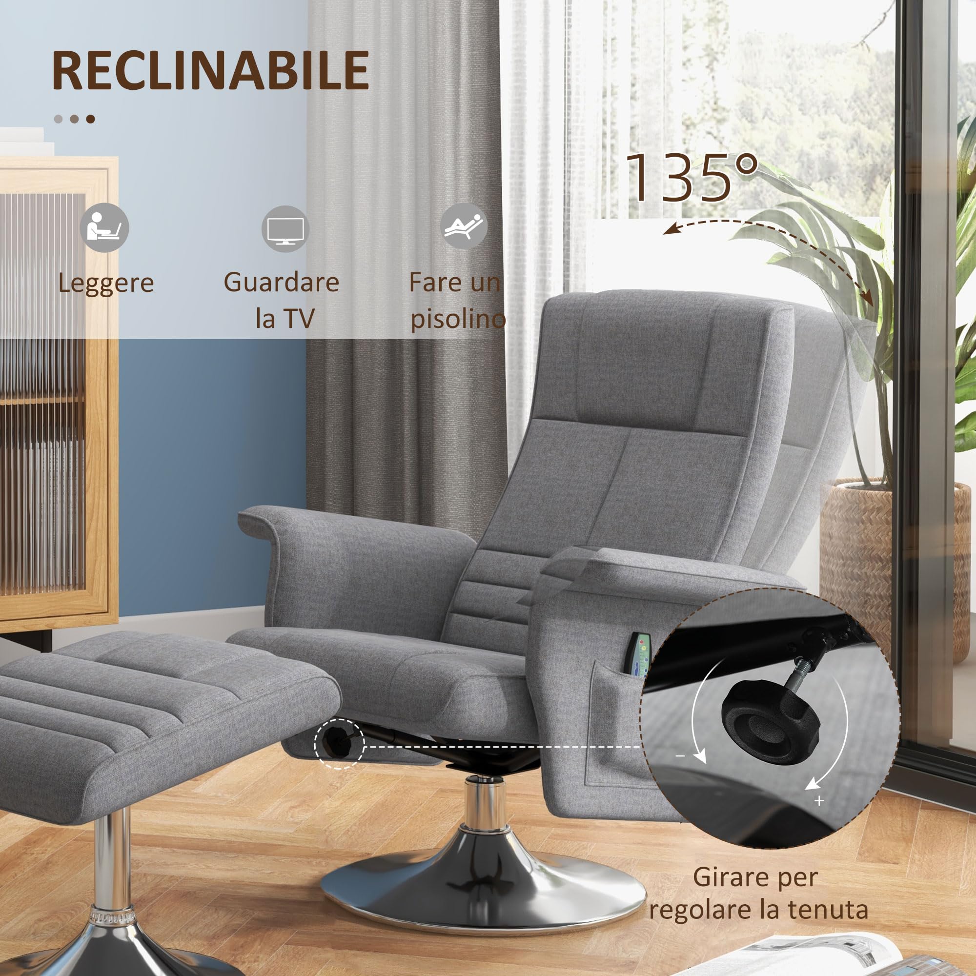 HOMCOM Fauteuil Relax massant avec Pouf, Fauteuil TV avec Fonction Chaise Longue, siège pivotant à 360° Assise rembourrée Confortable, jusqu'à 120 kg, pour Salon, Chambre, Tissu Effet Lin, Gris foncé