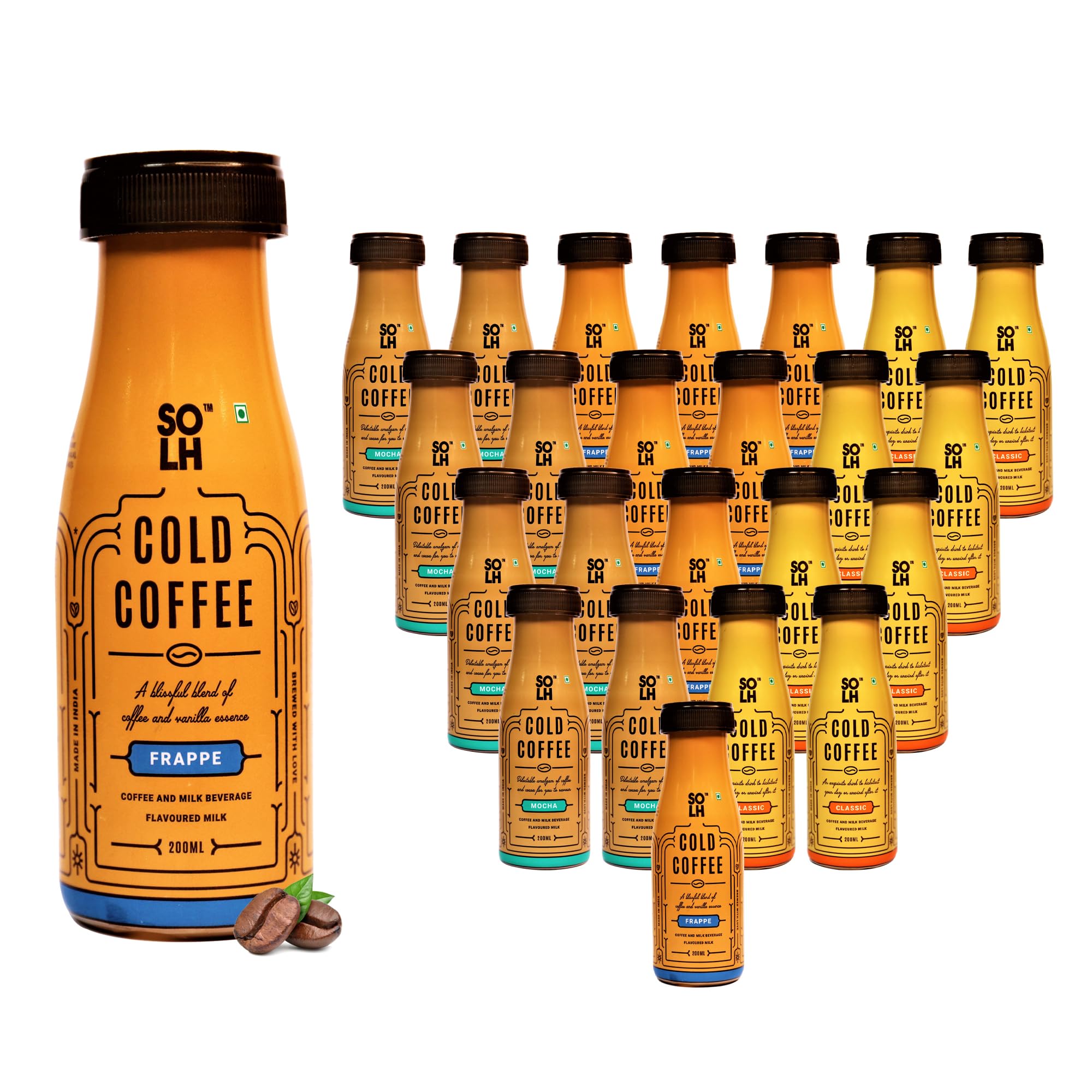 SOLH Assorted Cold Coffee | Pack of 24 | Irresistible Flavors | Ready-to-Drink | Velvety Smoothness and Bold Intensity | 200ml Bottles | Classic, Mocha, Frappe
