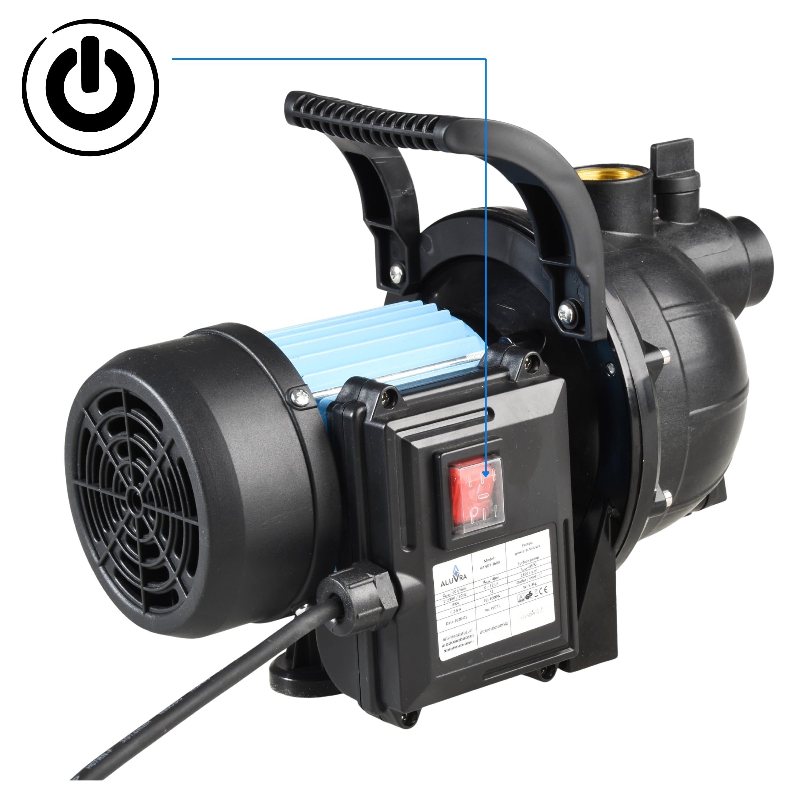 Gartenpumpe HANDY 3600 (1000 W, 3600 l/h, 48 m Förderhöhe) - selbstansaugende Wasserpumpe mit Tragegriff - Wassereinfüllschraube, Wasserablassschraube - Hauswasserwerk, Teichpumpe, Gartenbewässerung