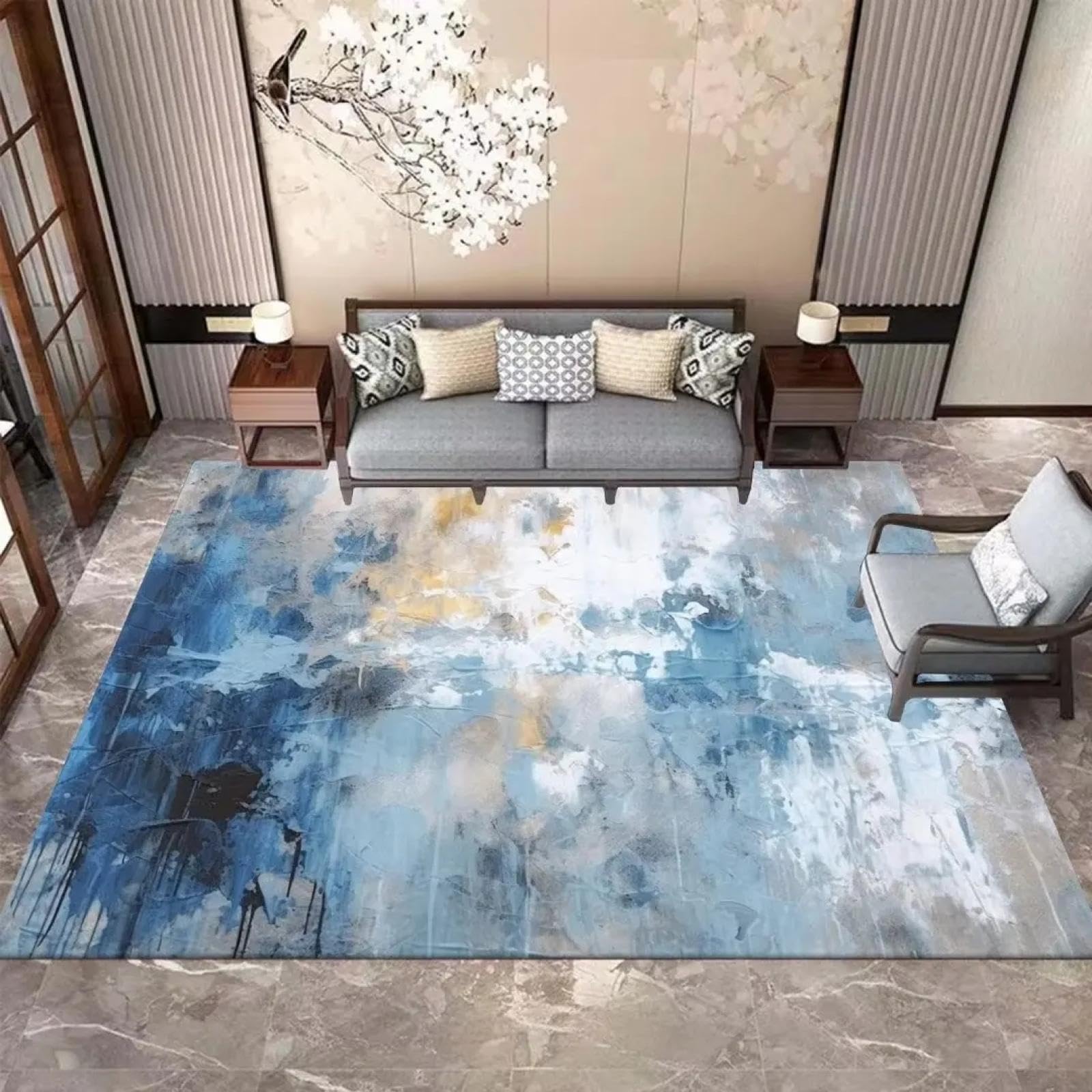Alfombra abstracta azul JGGXHM 60x90cm lavable para salon y mesa de centro