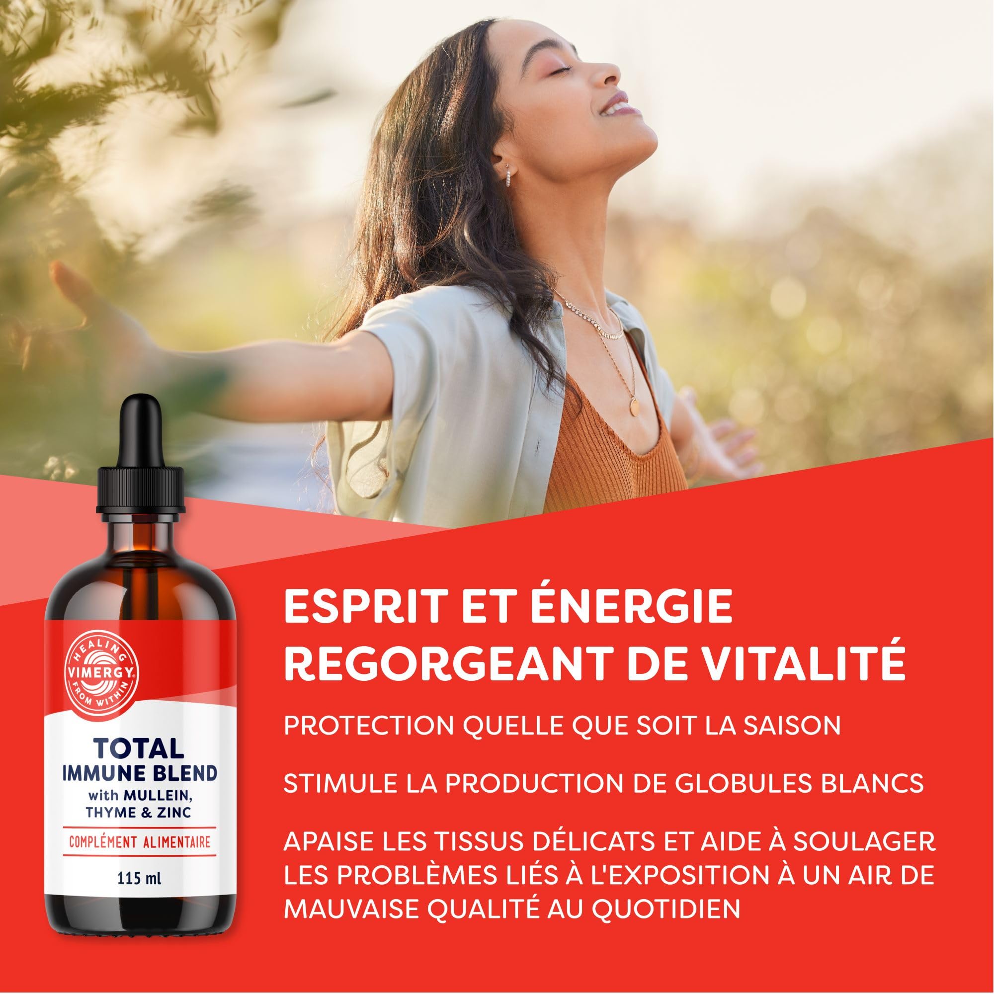 Vimergy Total Immune Blend – Complément Défense Immunitaire à Absorption Rapide – Gouttes Toutes Saisons avec du Zinc, du Thym et de la Molène – Sans OGM, Végétalien, 57 Portions (115 ml)