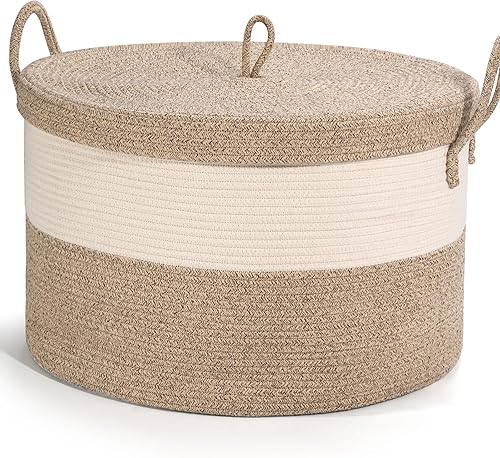 Cesta para manta, 21.7 x 21.7 x 13.8 pulgadas, cesta grande XXL con asa, cesta para manta para sala de estar, cesta de juguetes de peluche, canasta