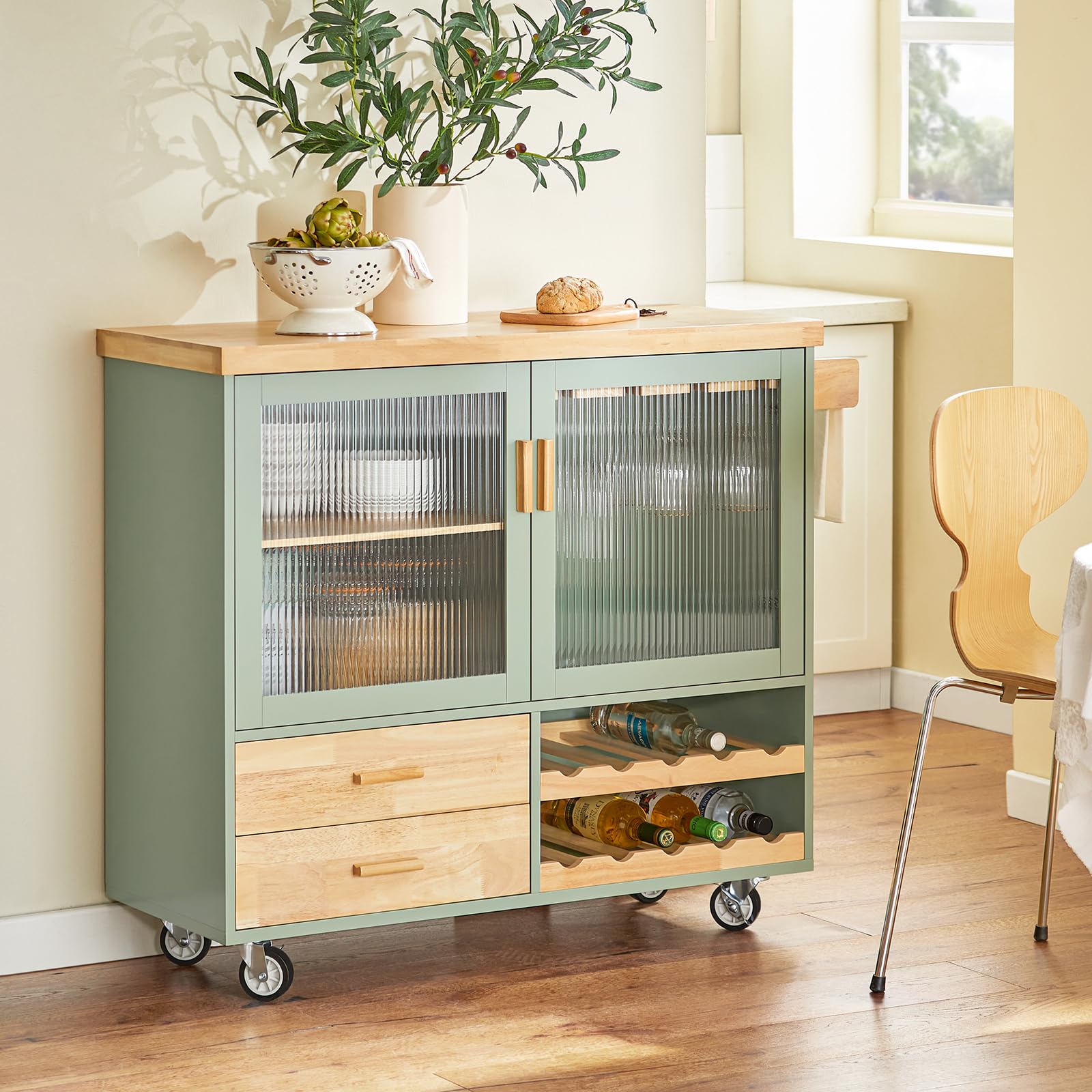 SoBuy Carrito de Cocina con Ruedas y Puertas de Cristal, 109x92x40 cm | Isla de Cocina con encimera, 2 cajones, botellero 10 bot./8 copas, carga de 90 kg, MDP/PB, para cocina, FKW114-GR