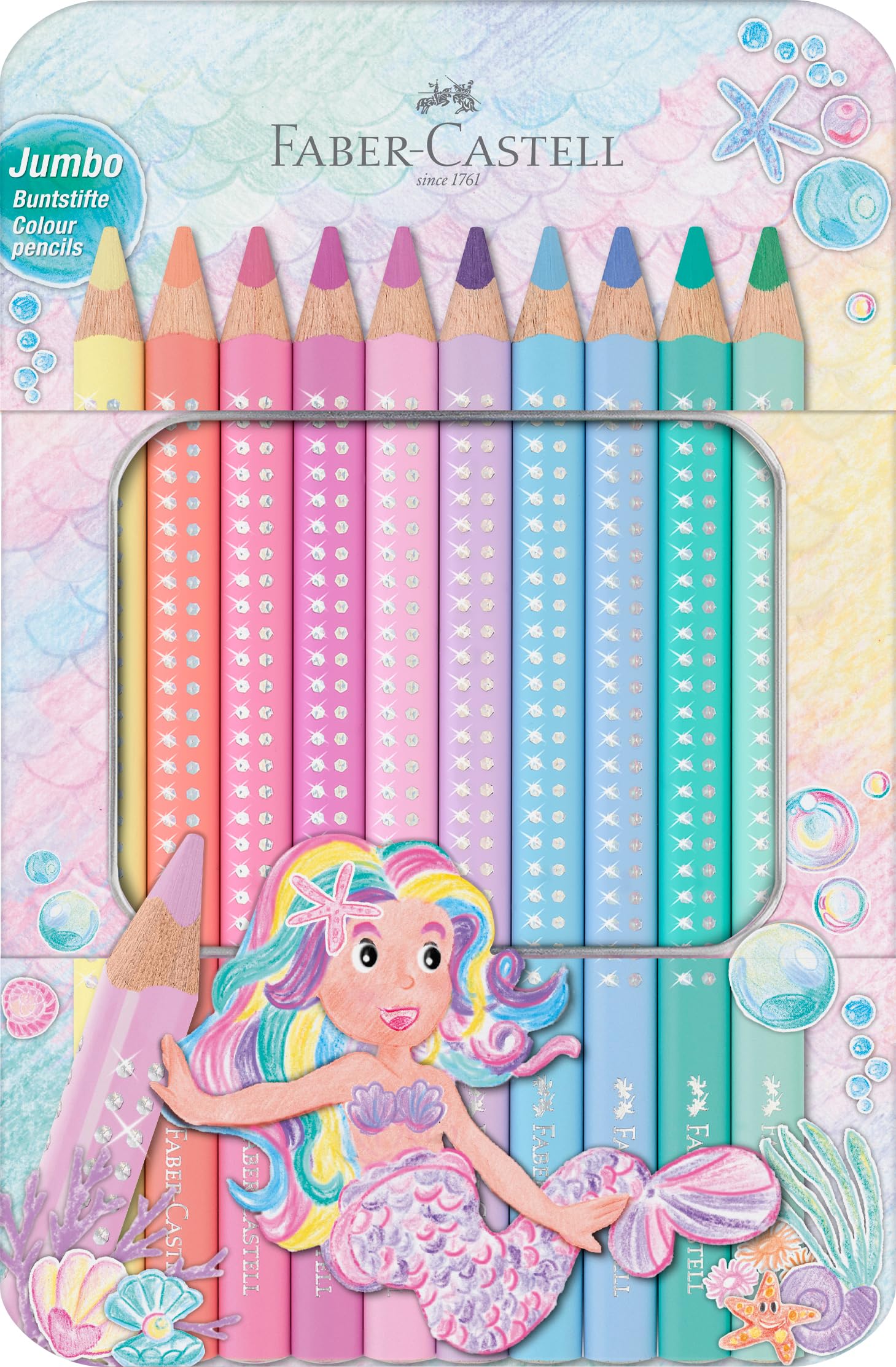 Faber-Castell 210910 - Jumbo Buntstifte Set Sparkle, 10 dicke Buntstifte in Pastellfarben, Malstifte für Kinder